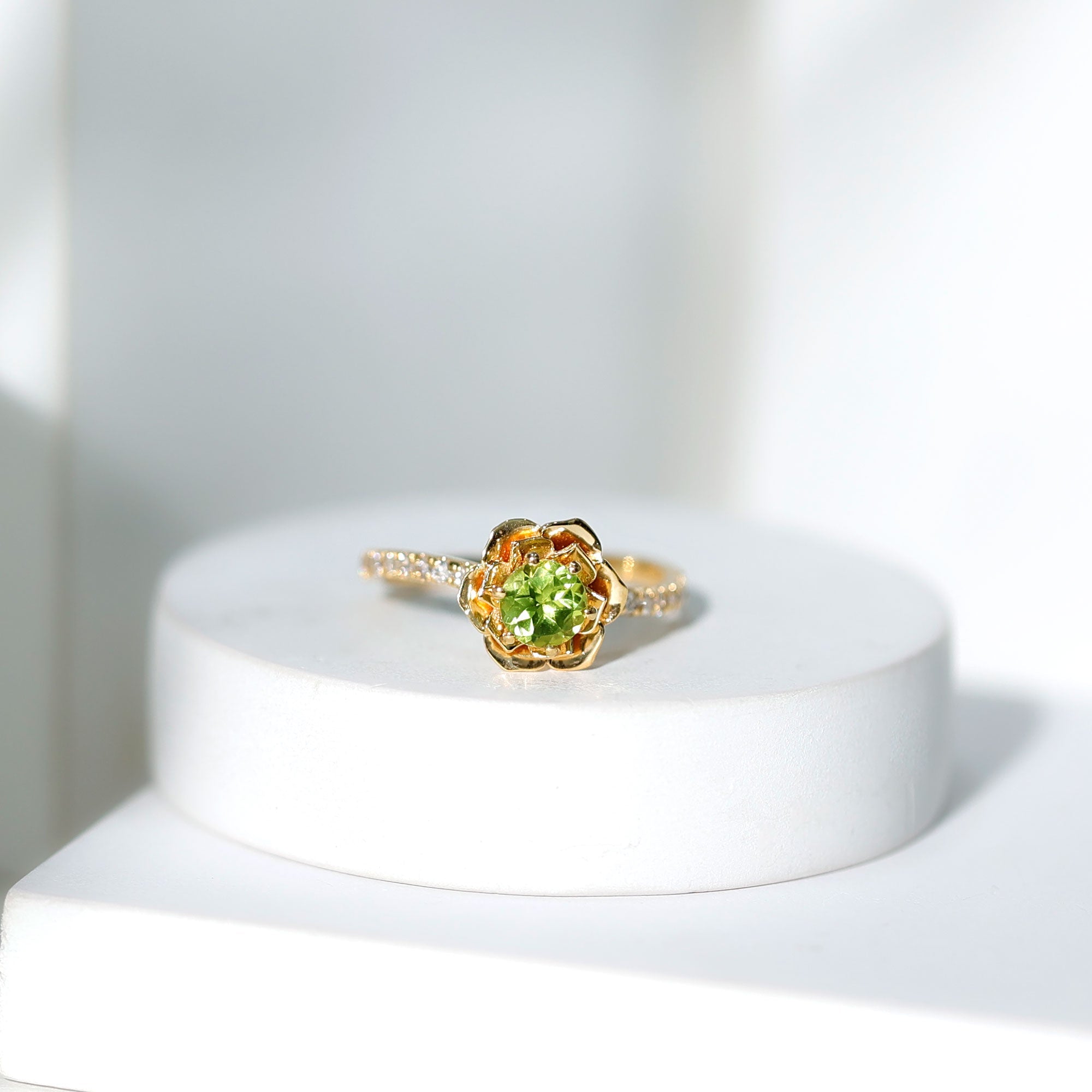 Nature Inspired Half Carat Peridot Flower Engagement Ring with Diamond