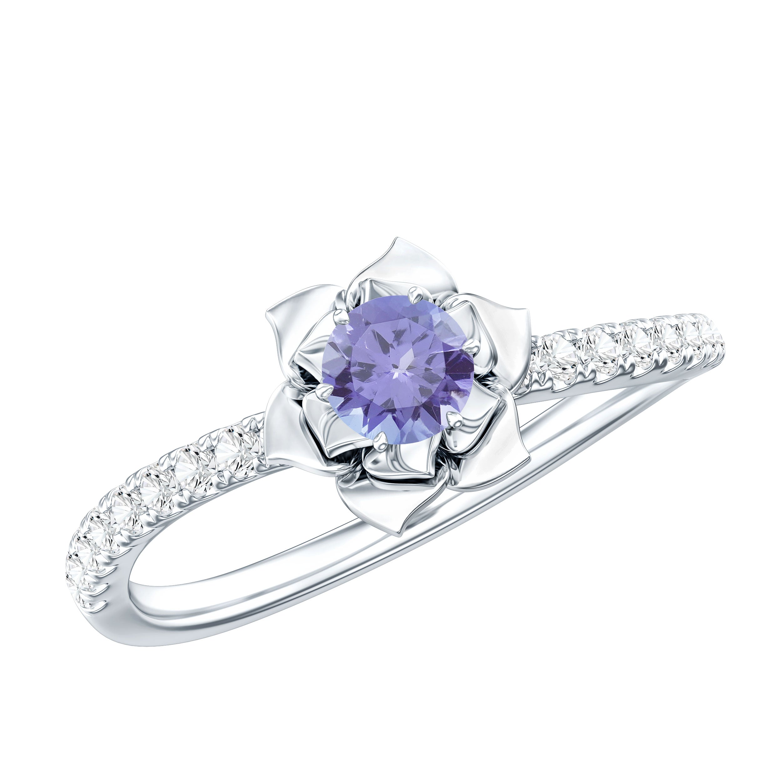 Genuine Tanzanite Rose Flower Engagement Ring with Diamond Curved Shank