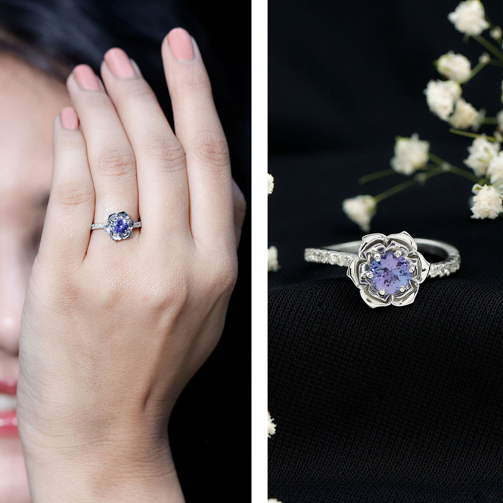 Genuine Tanzanite Rose Flower Engagement Ring with Diamond Curved Shank