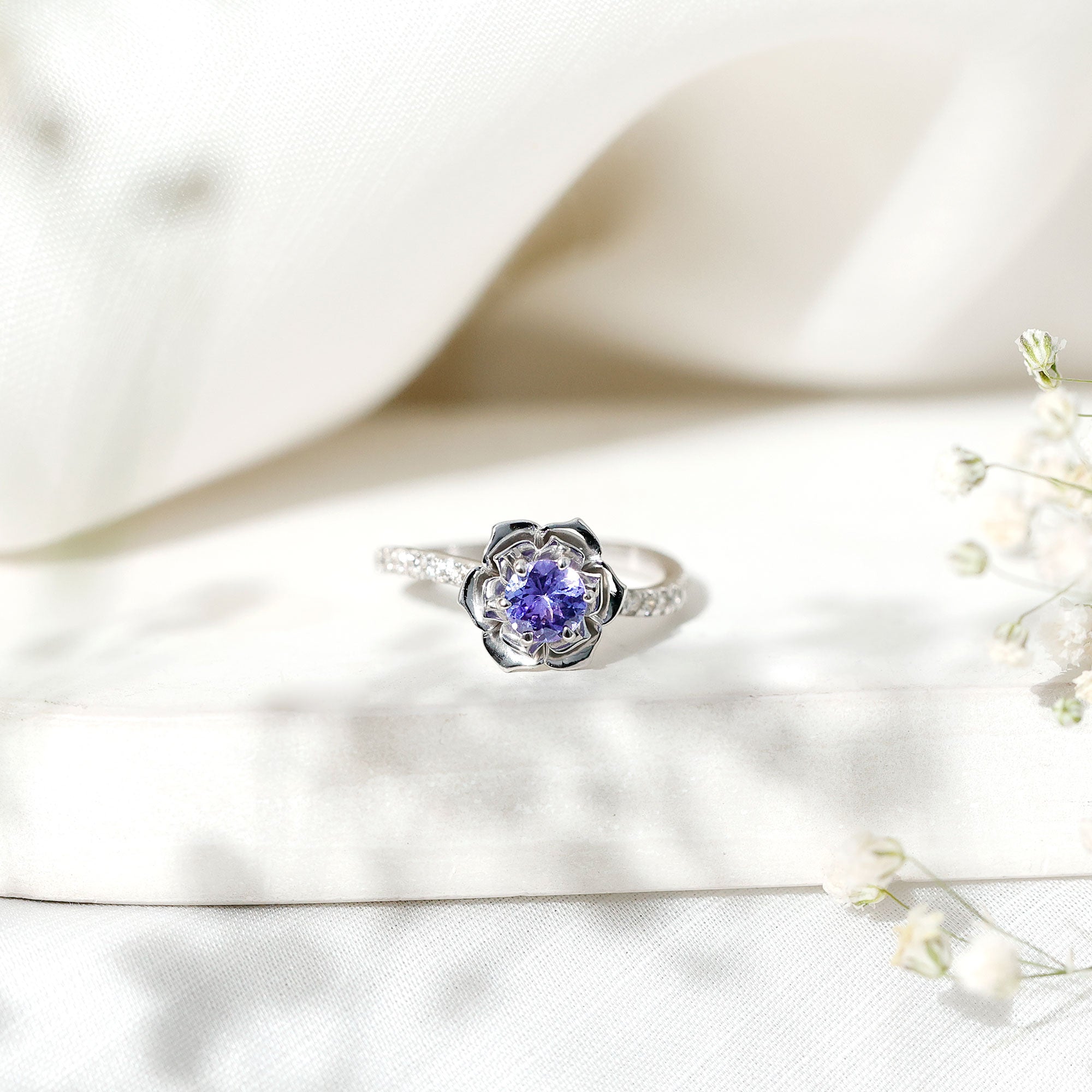 Genuine Tanzanite Rose Flower Engagement Ring with Diamond Curved Shank