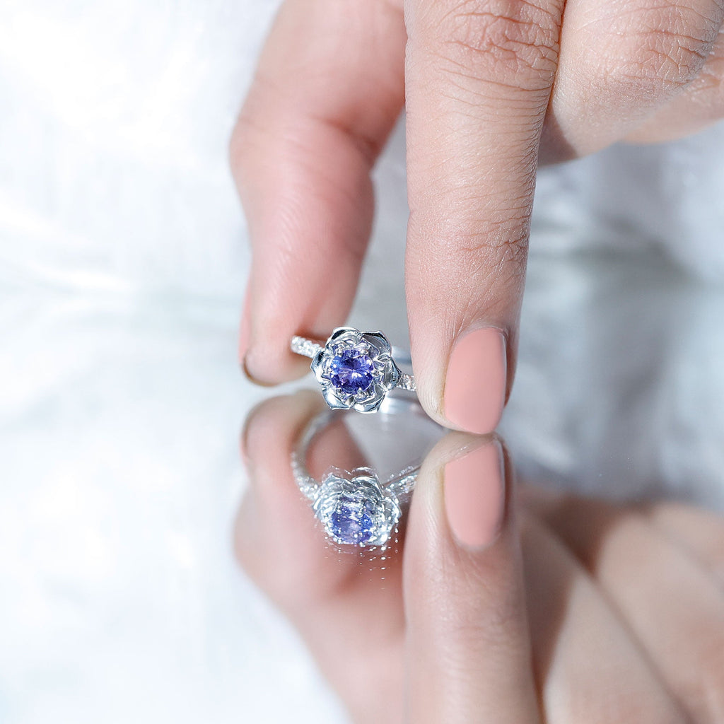 Genuine Tanzanite Rose Flower Engagement Ring with Diamond Curved Shank