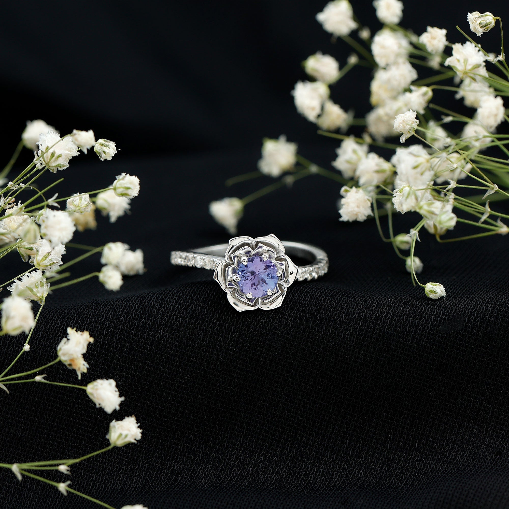 Genuine Tanzanite Rose Flower Engagement Ring with Diamond Curved Shank