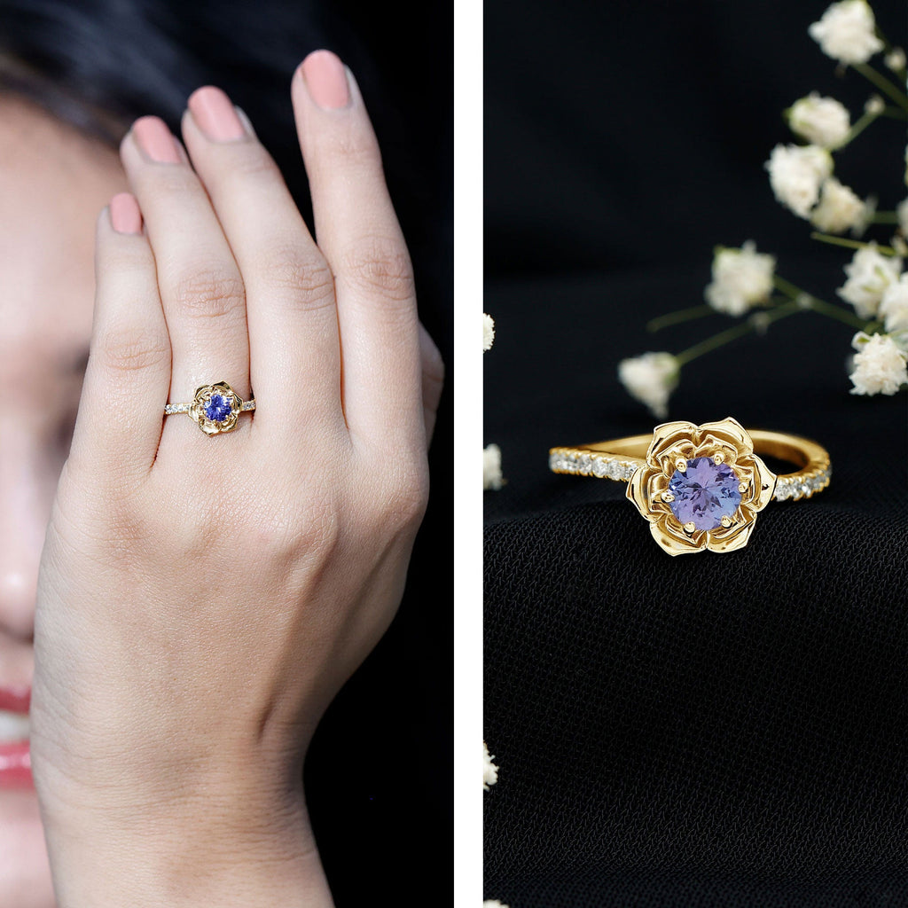 Genuine Tanzanite Rose Flower Engagement Ring with Diamond Curved Shank