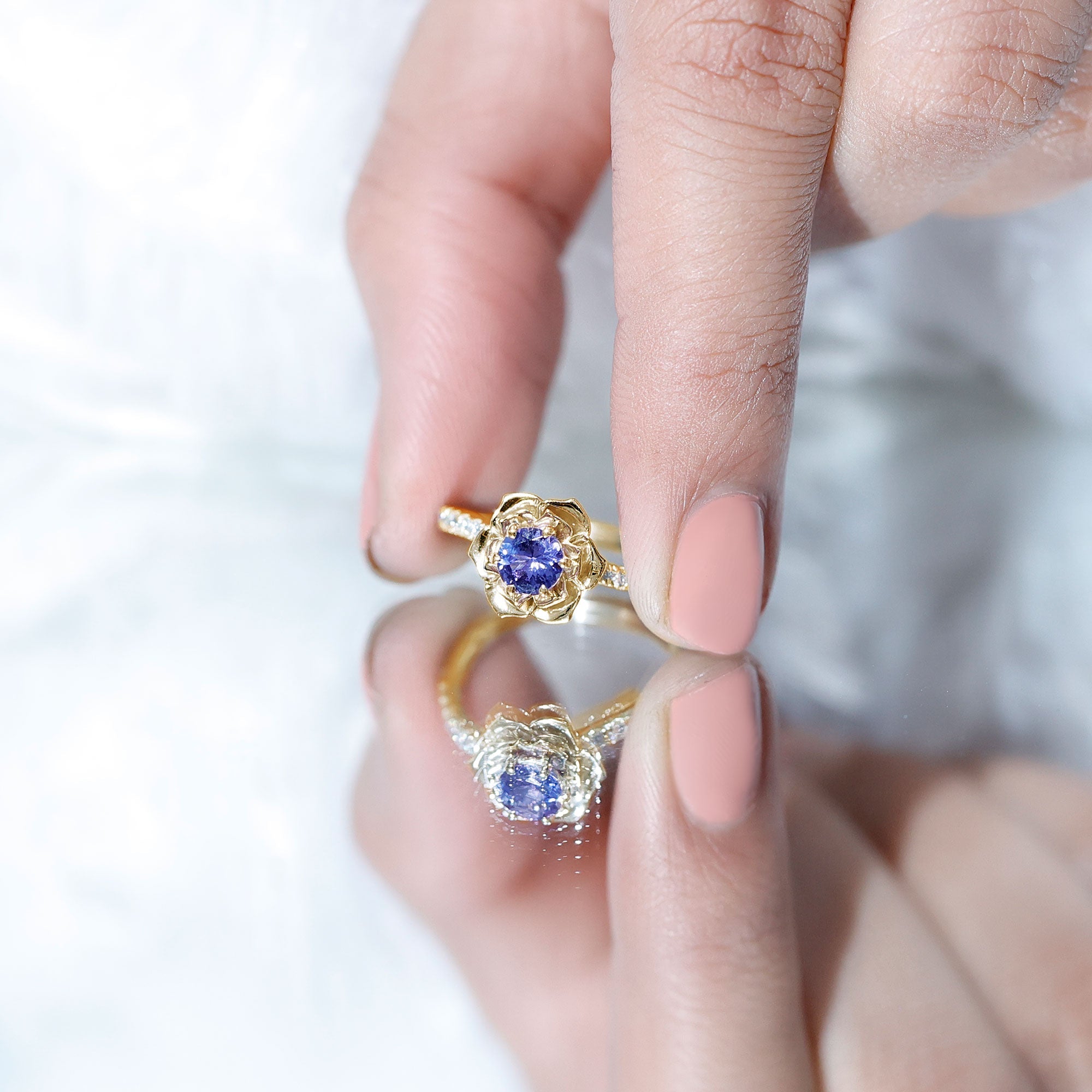 Genuine Tanzanite Rose Flower Engagement Ring with Diamond Curved Shank