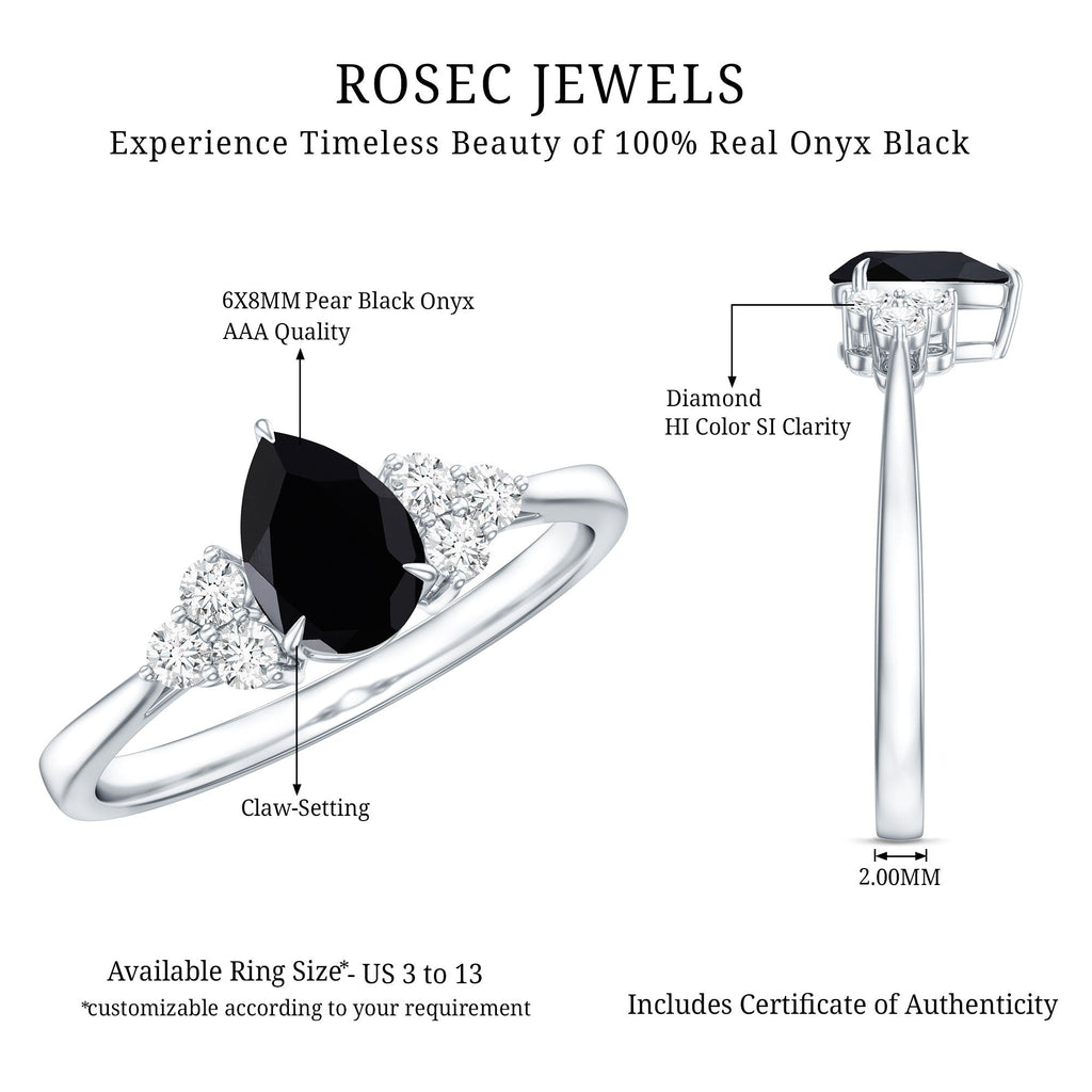 Pear Shaped Black Onyx Engagement Ring with Real Diamond Trio