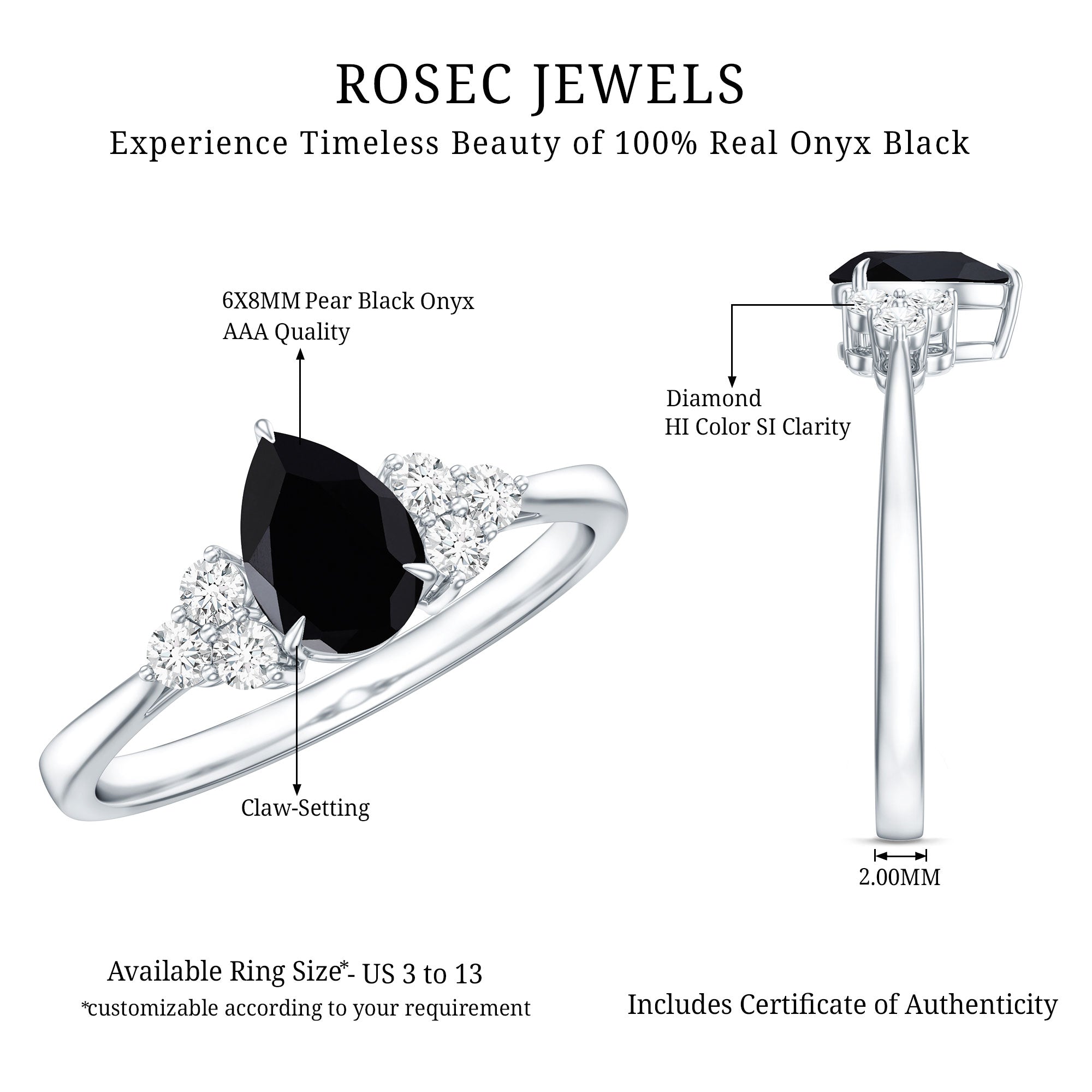 Pear Shaped Black Onyx Engagement Ring with Real Diamond Trio