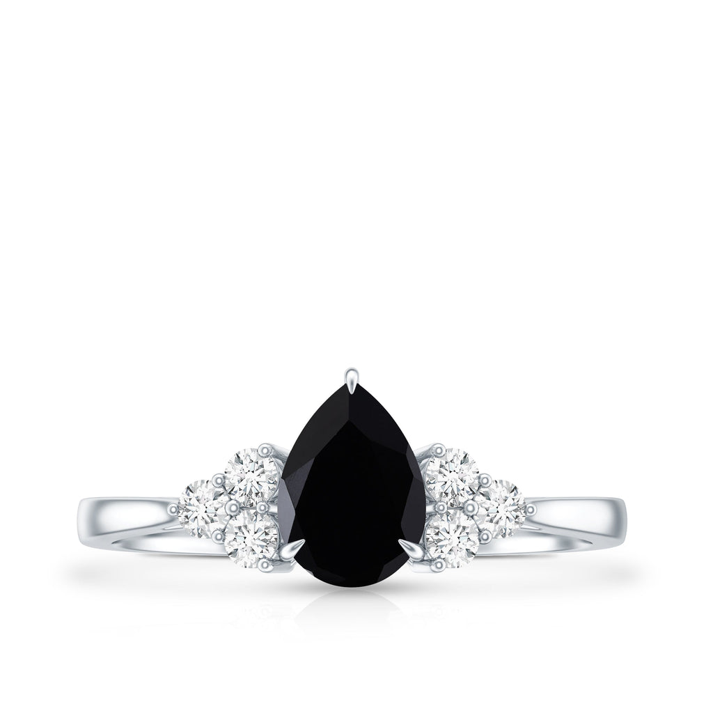 Pear Shaped Black Onyx Engagement Ring with Real Diamond Trio