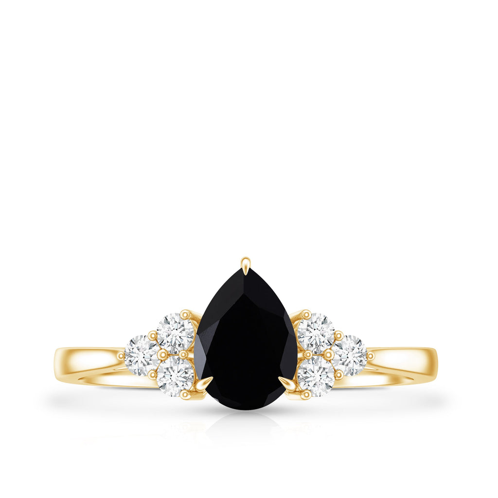 Pear Shaped Black Onyx Engagement Ring with Real Diamond Trio