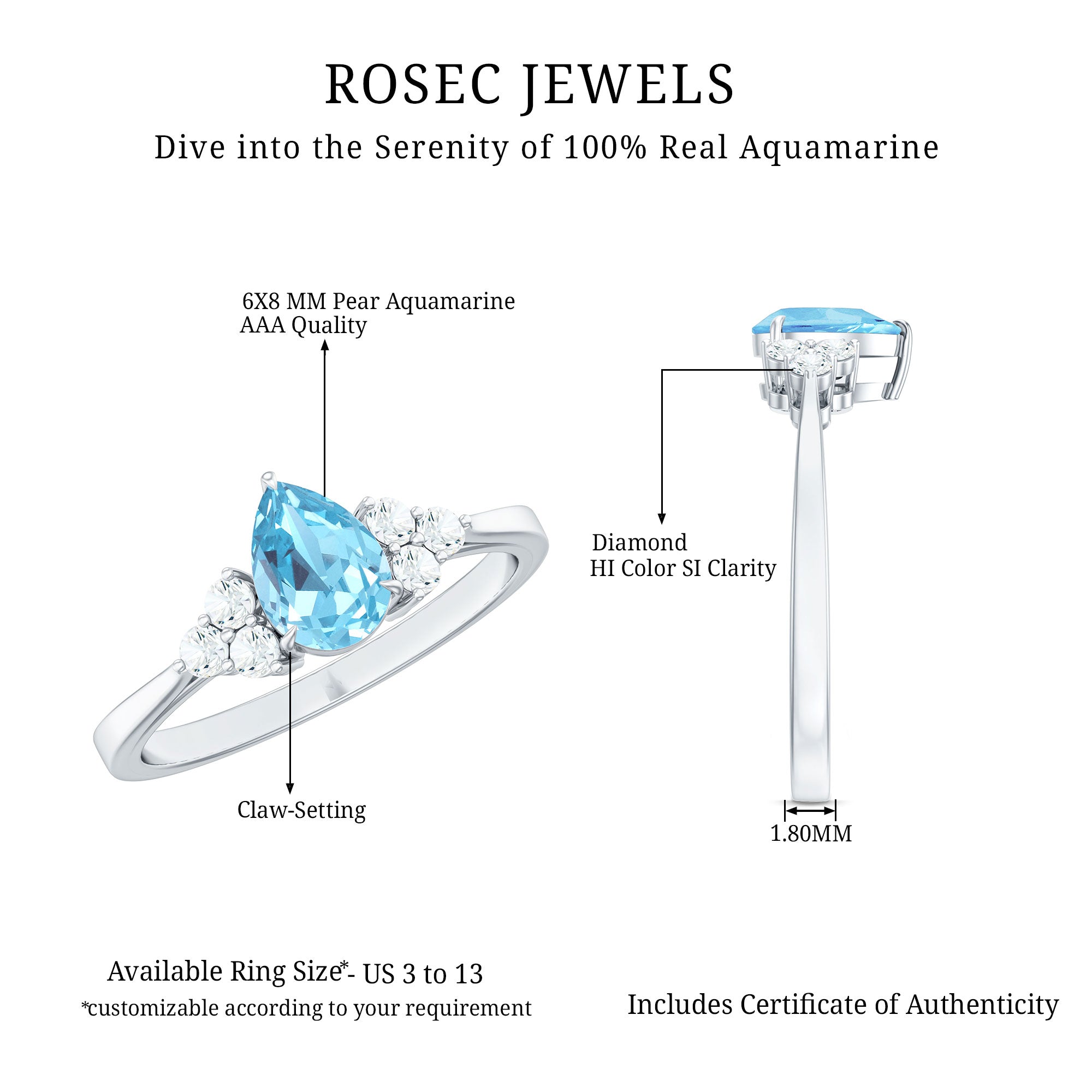 1 Carat Aquamarine Pear Engagement Ring with Diamond Trio