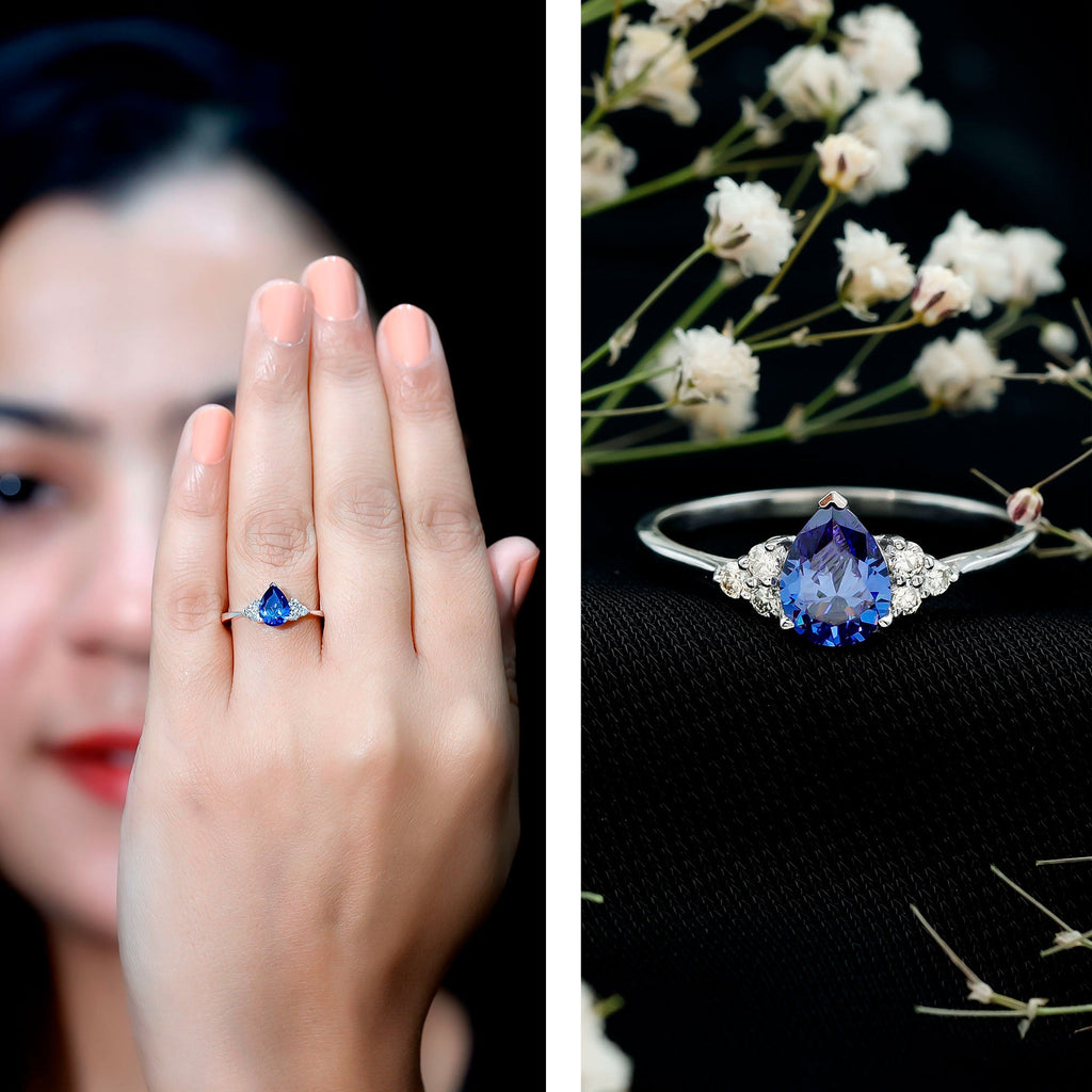 1.6 Carat Lab Blue Sapphire Teardrop Engagement Ring with Diamond Trio