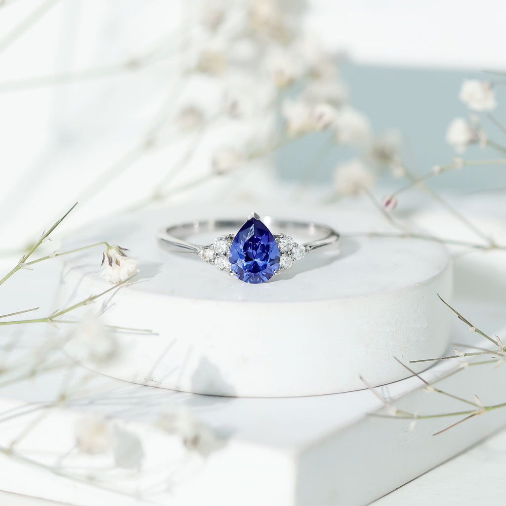 1.6 Carat Lab Blue Sapphire Teardrop Engagement Ring with Diamond Trio