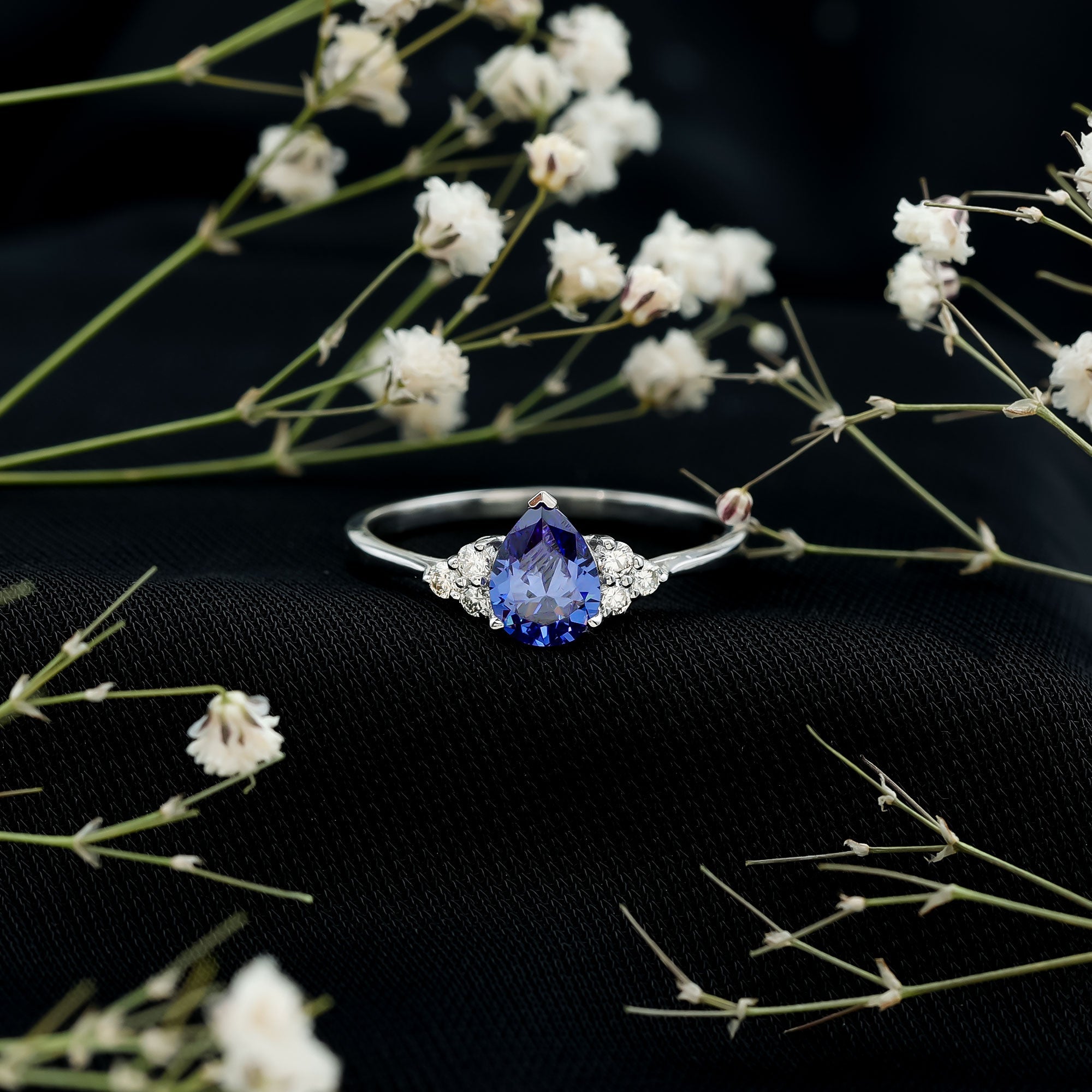 1.6 Carat Lab Blue Sapphire Teardrop Engagement Ring with Diamond Trio