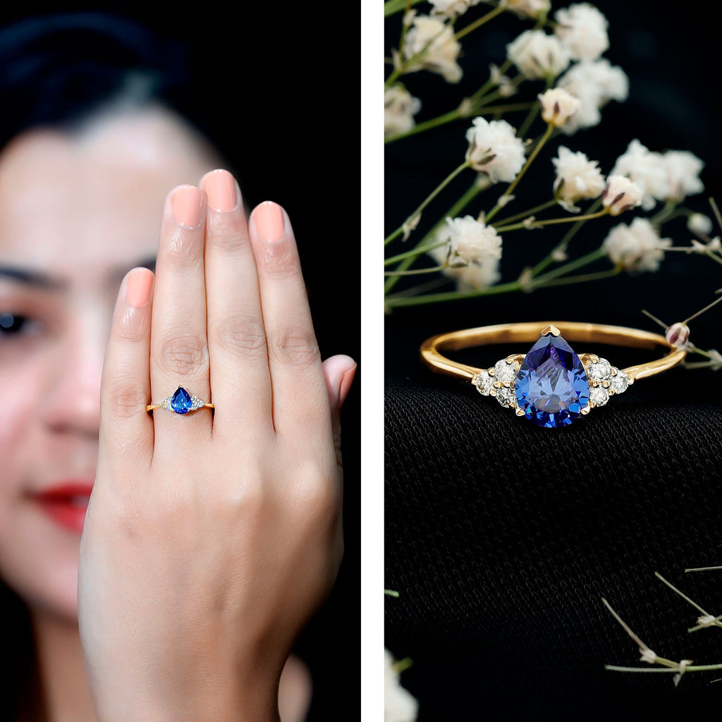 1.6 Carat Lab Blue Sapphire Teardrop Engagement Ring with Diamond Trio