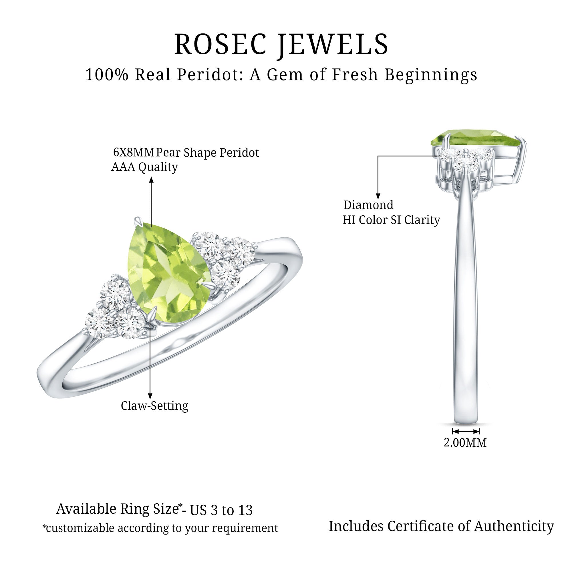 1 Carat Peridot Teardrop Engagement Ring with Diamond Trio