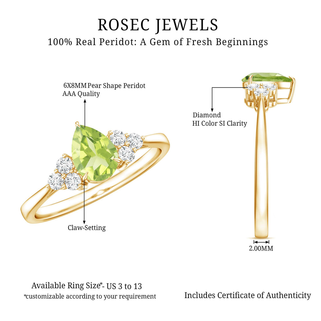 1 Carat Peridot Teardrop Engagement Ring with Diamond Trio