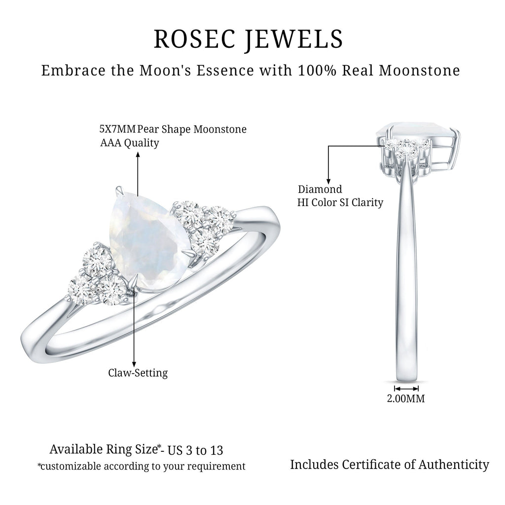 Pear Shape Moonstone Solitaire Ring with Diamond Trio