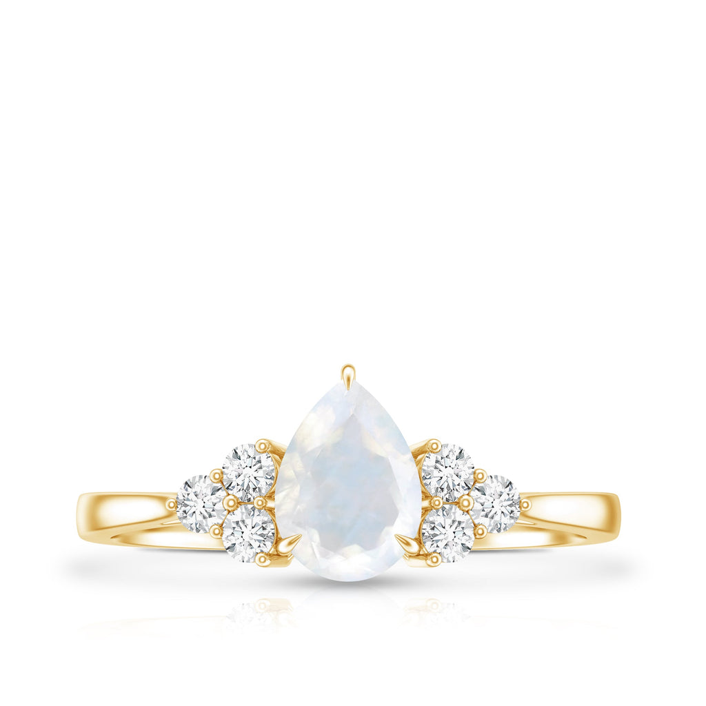 Pear Shape Moonstone Solitaire Ring with Diamond Trio
