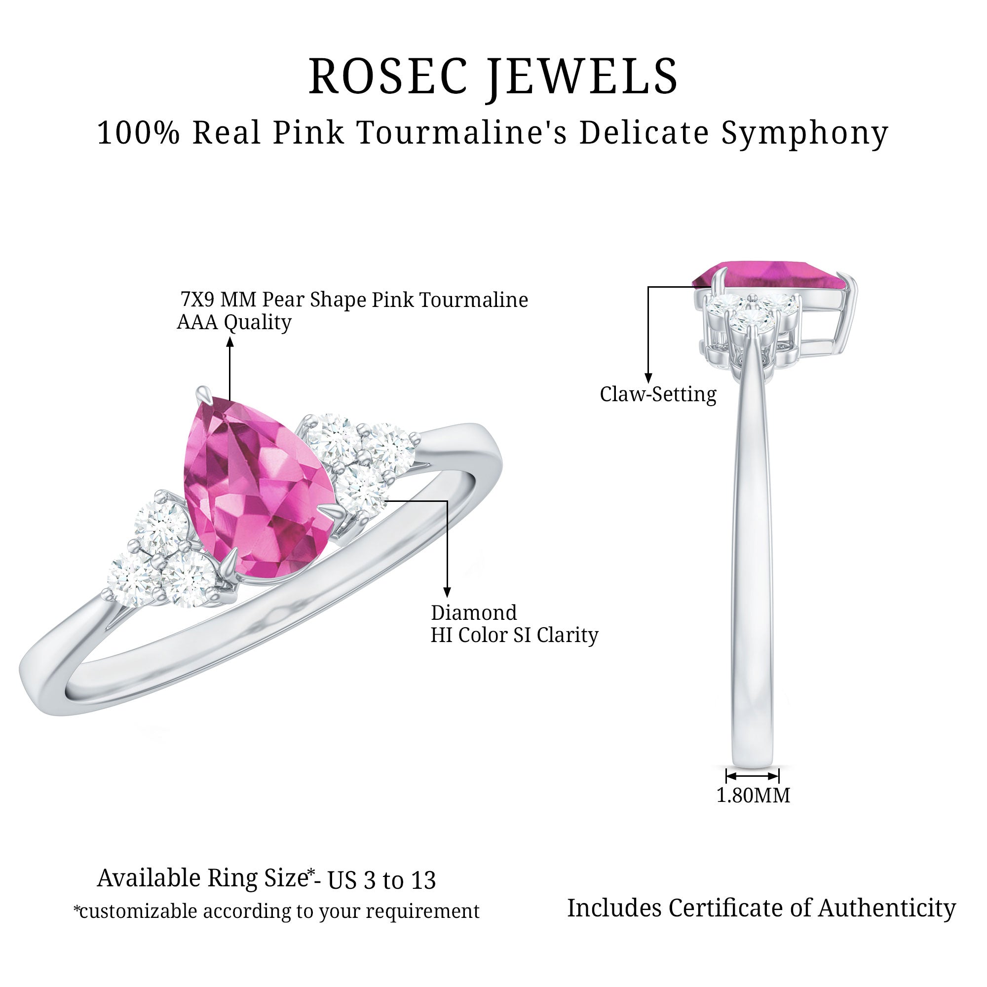 1.6 Carat Natural Pink Tourmaline Teardrop Engagement Ring with Diamond Trio