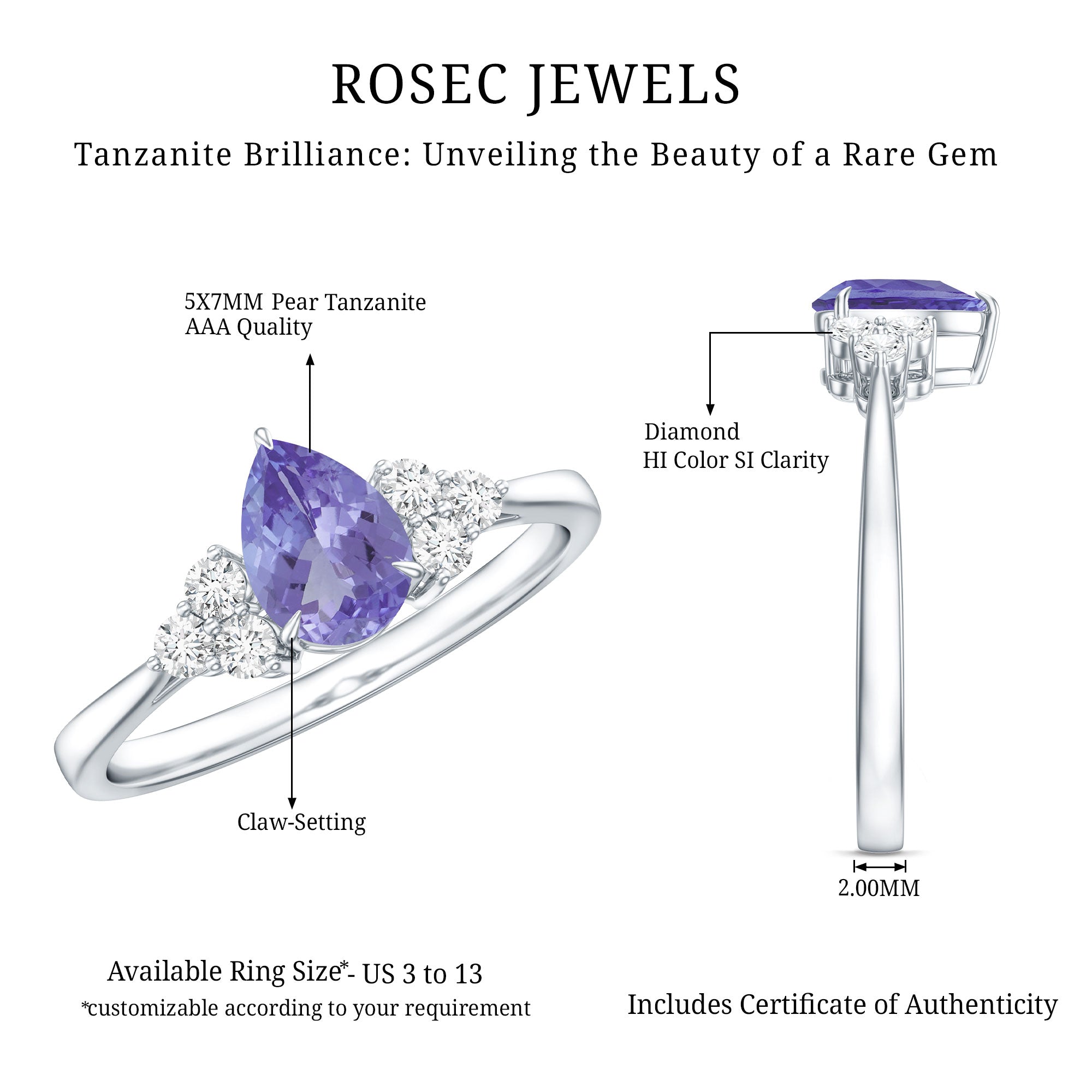 0.8 Carat Pear Shaped Tanzanite Engagement Ring with Diamond Trio