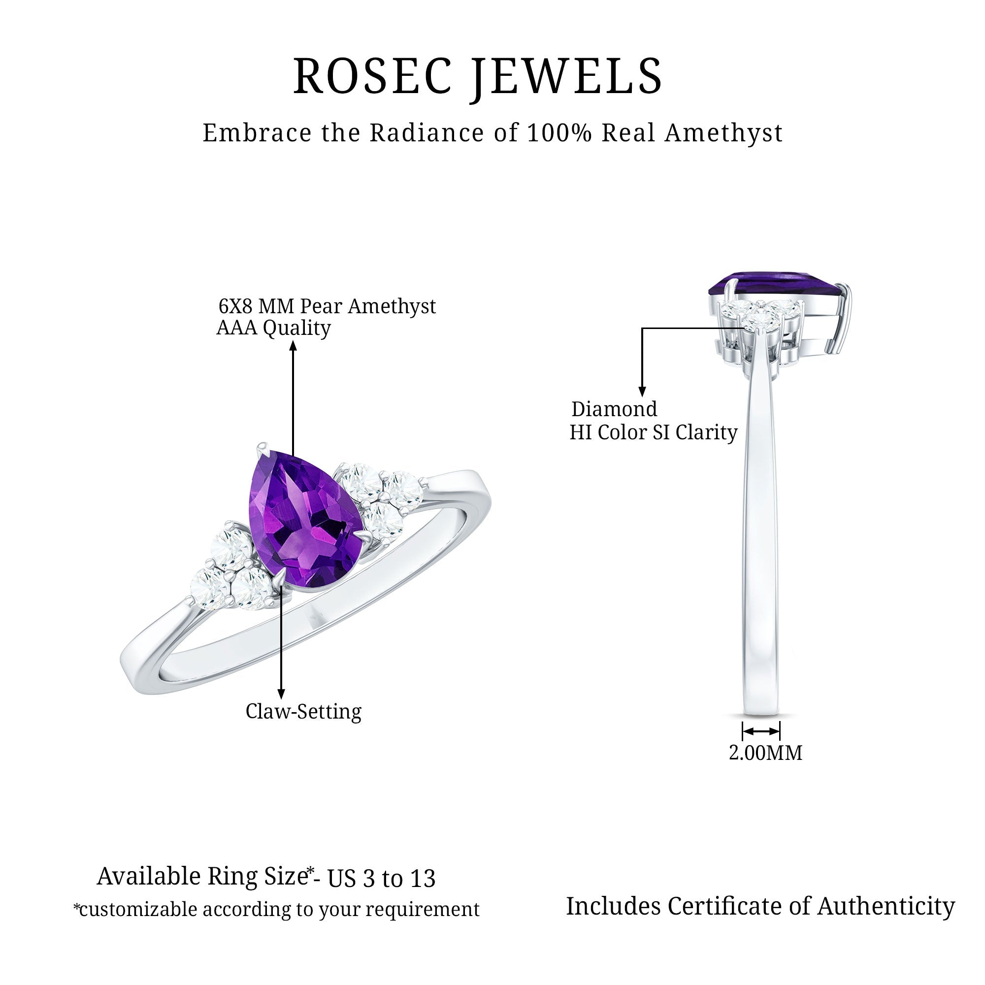 1 Carat Amethyst Engagement Ring with Diamond Trio