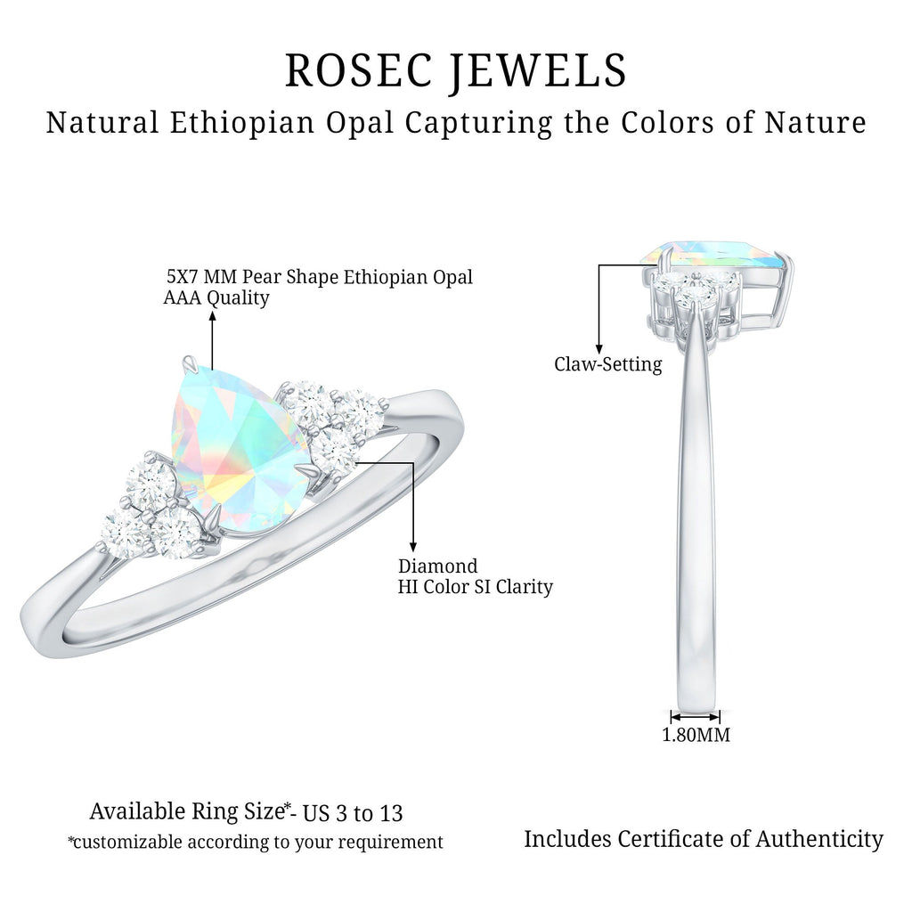 Certified Real Opalescent Pear Shaped Engagement Ring with Diamond Trio