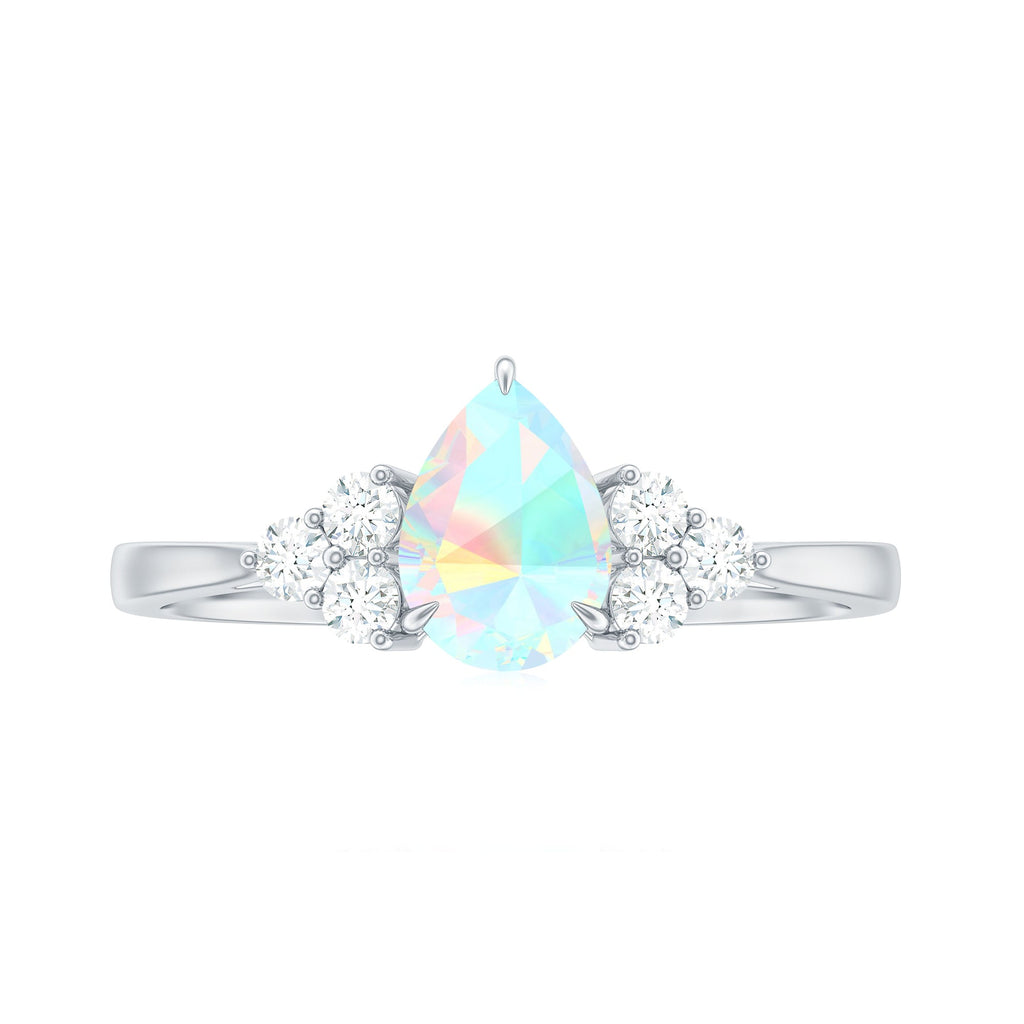 Certified Real Opalescent Pear Shaped Engagement Ring with Diamond Trio