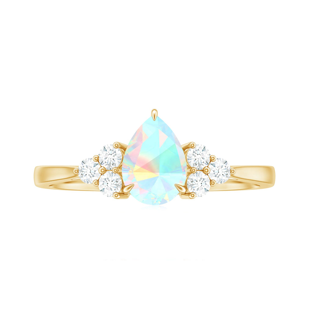 Certified Real Opalescent Pear Shaped Engagement Ring with Diamond Trio
