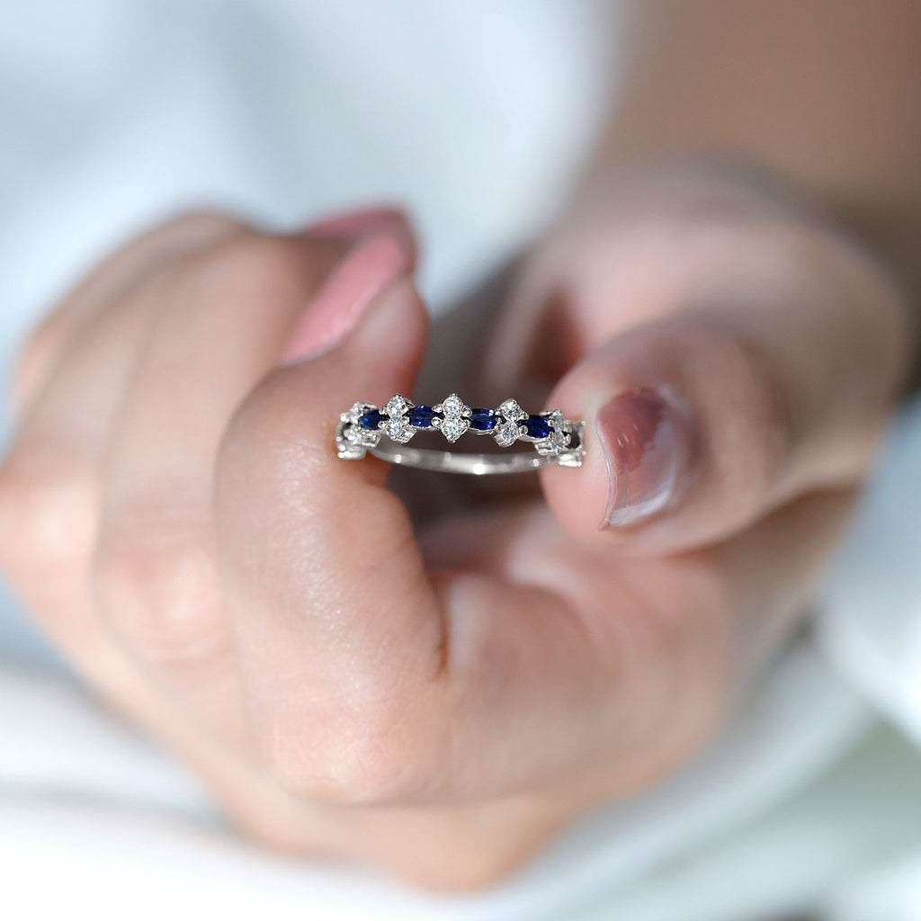 Real Blue Sapphire and Diamond Half Eternity Ring for Women