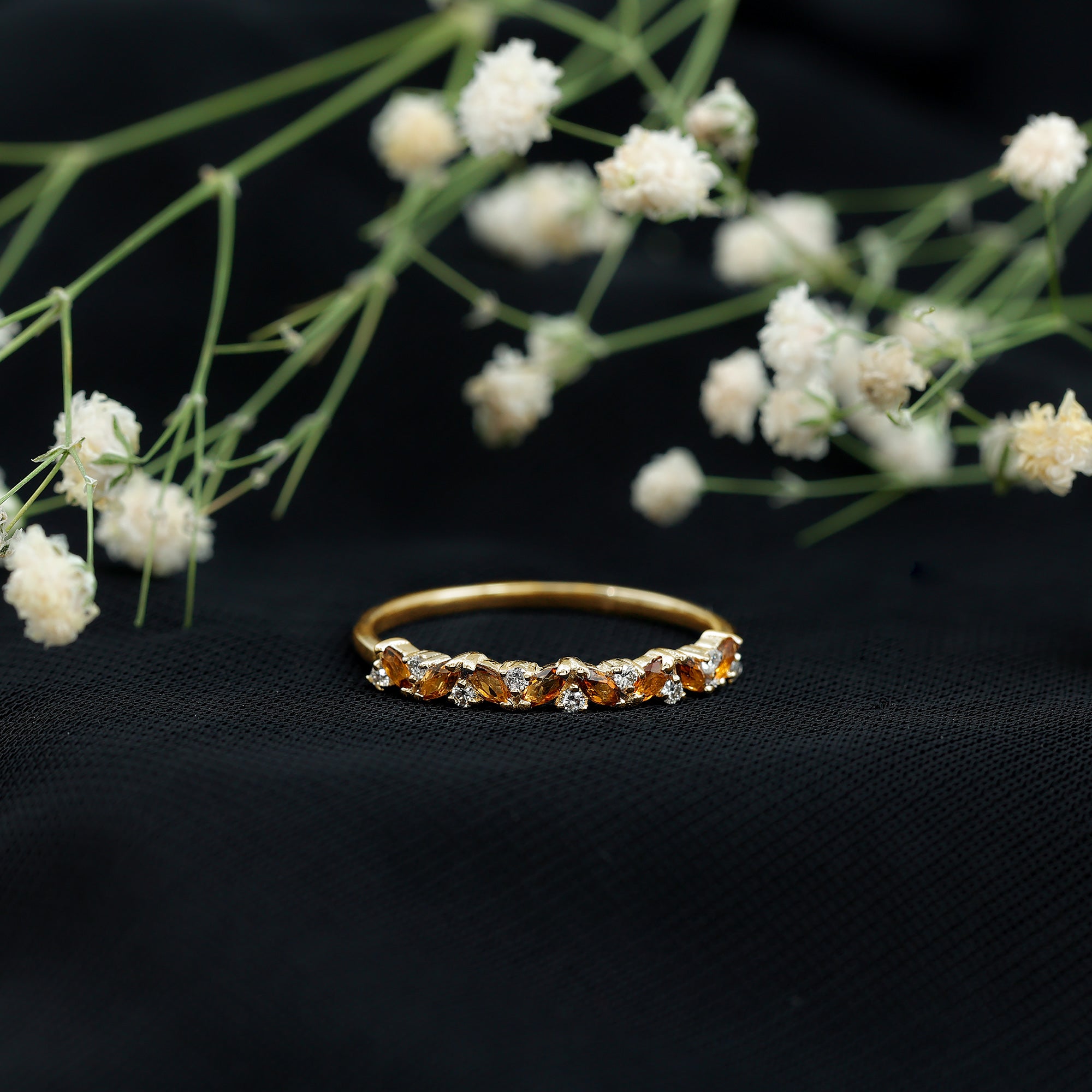 Genuine Marquise Citrine Half Eternity Ring with Diamond