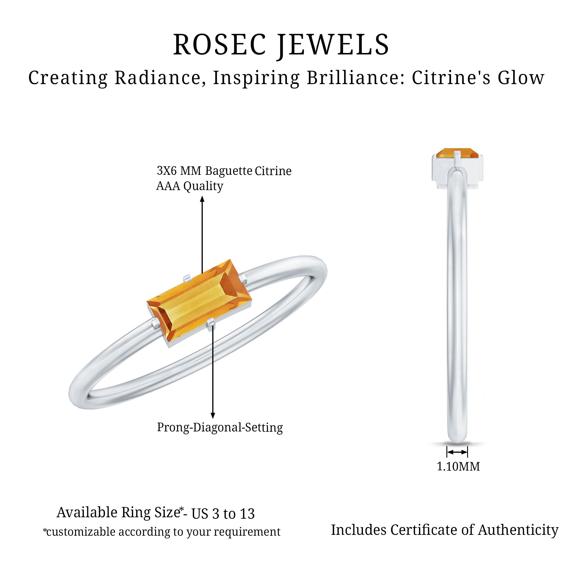 Natural Baguette Citrine Promise Ring in East West Style