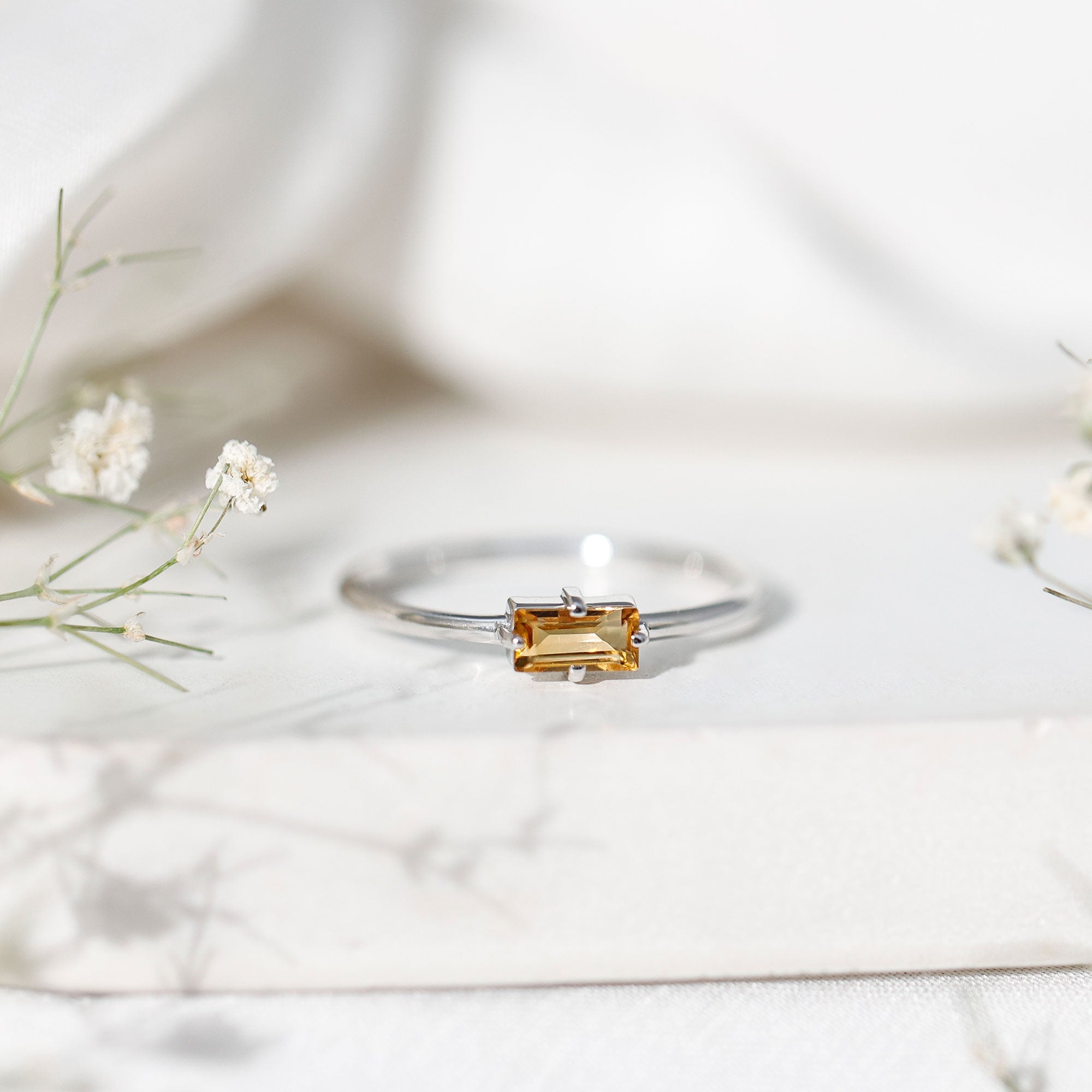 Natural Baguette Citrine Promise Ring in East West Style