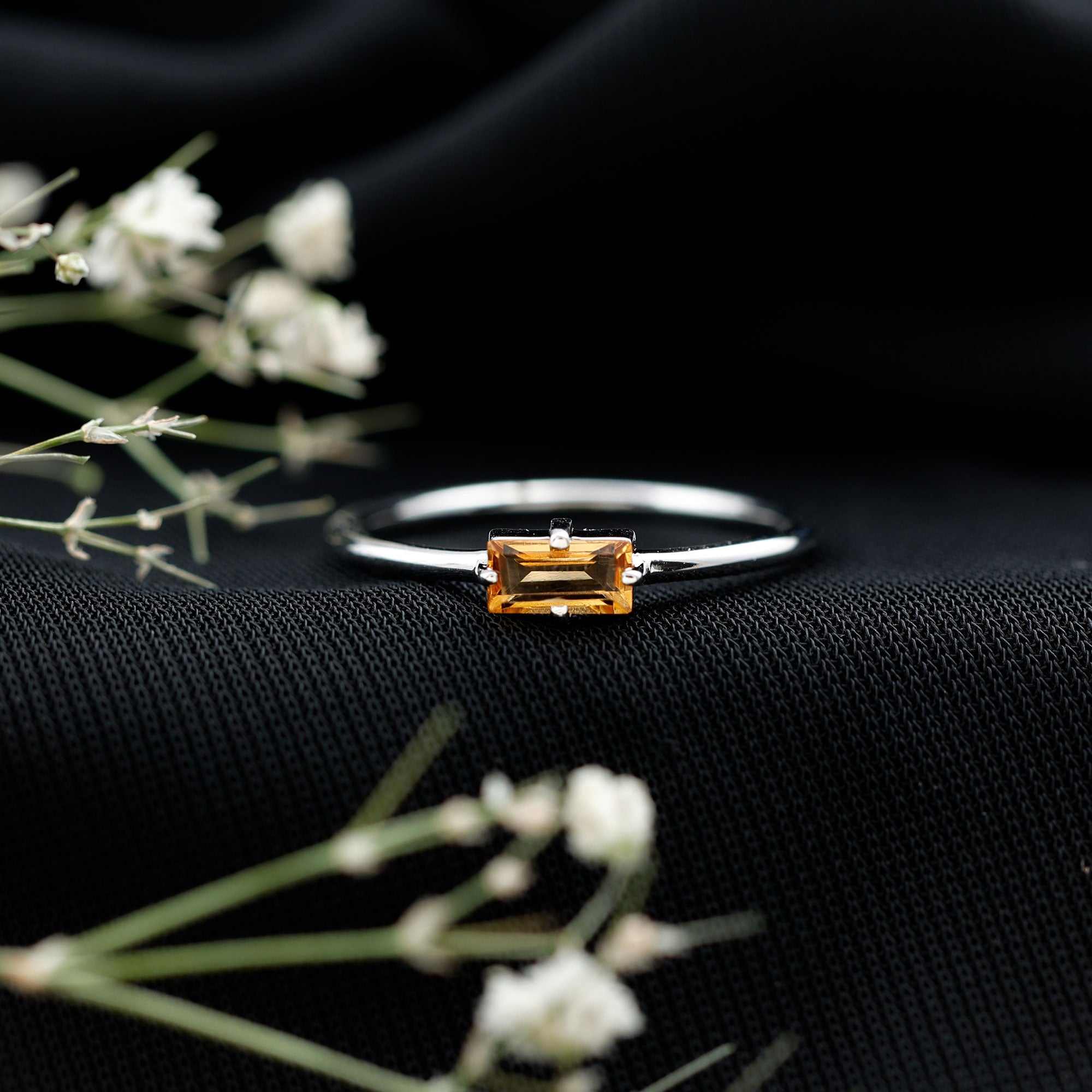 Natural Baguette Citrine Promise Ring in East West Style