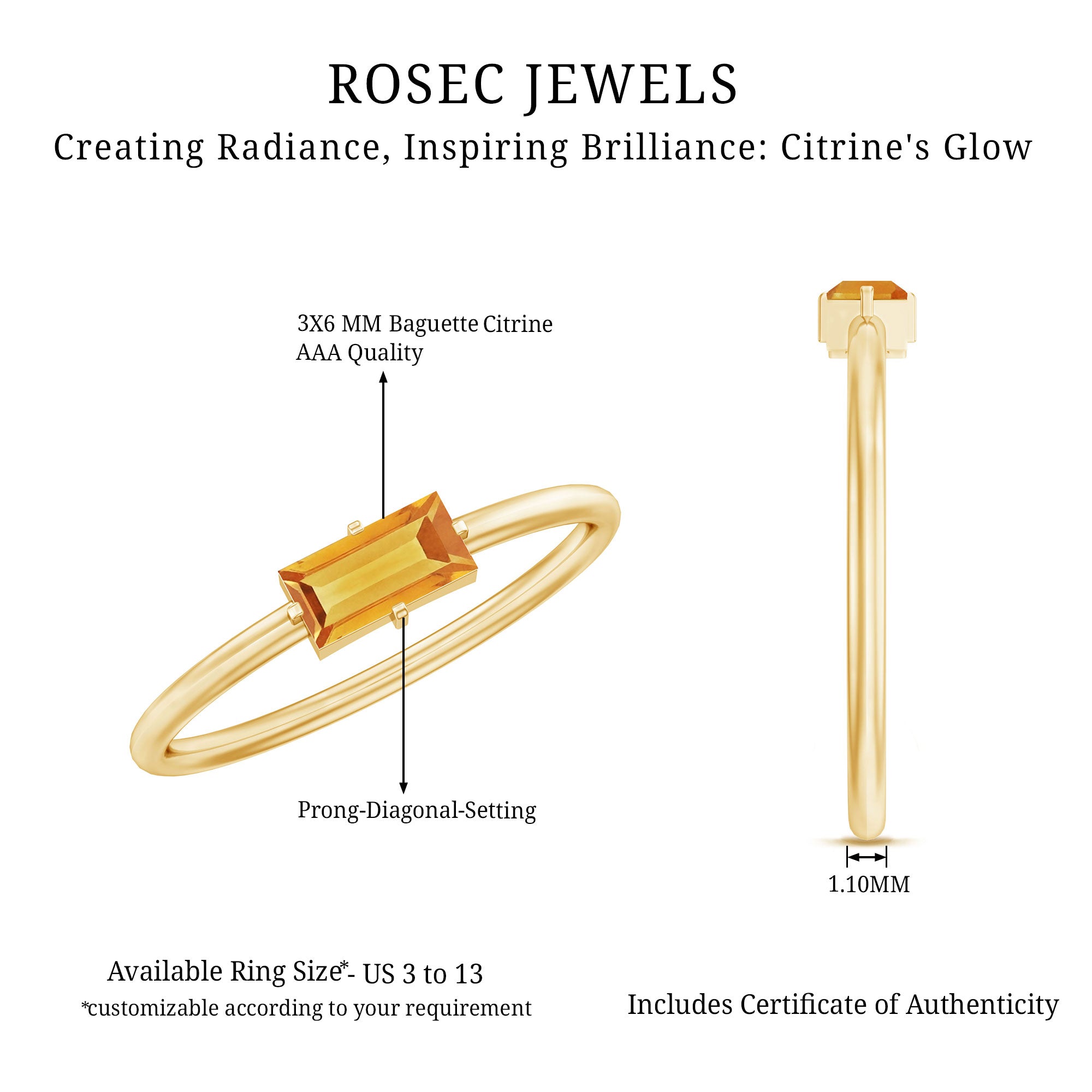 Natural Baguette Citrine Promise Ring in East West Style