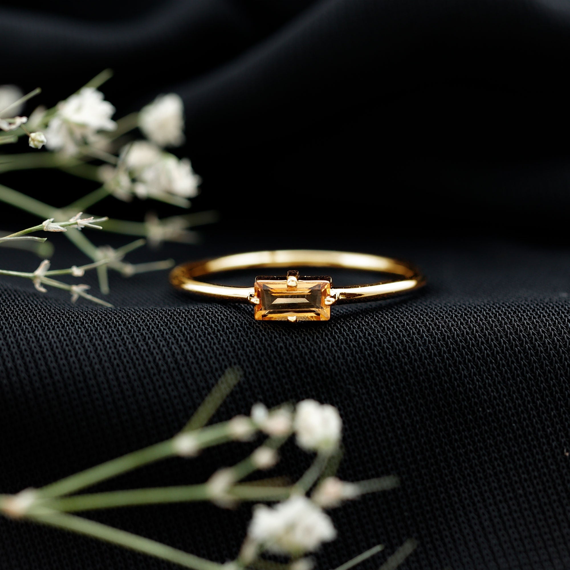 Natural Baguette Citrine Promise Ring in East West Style