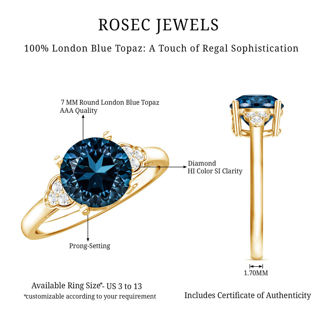 1.3 Carat London Blue Topaz Solitaire Engagement Ring with Diamond Trio