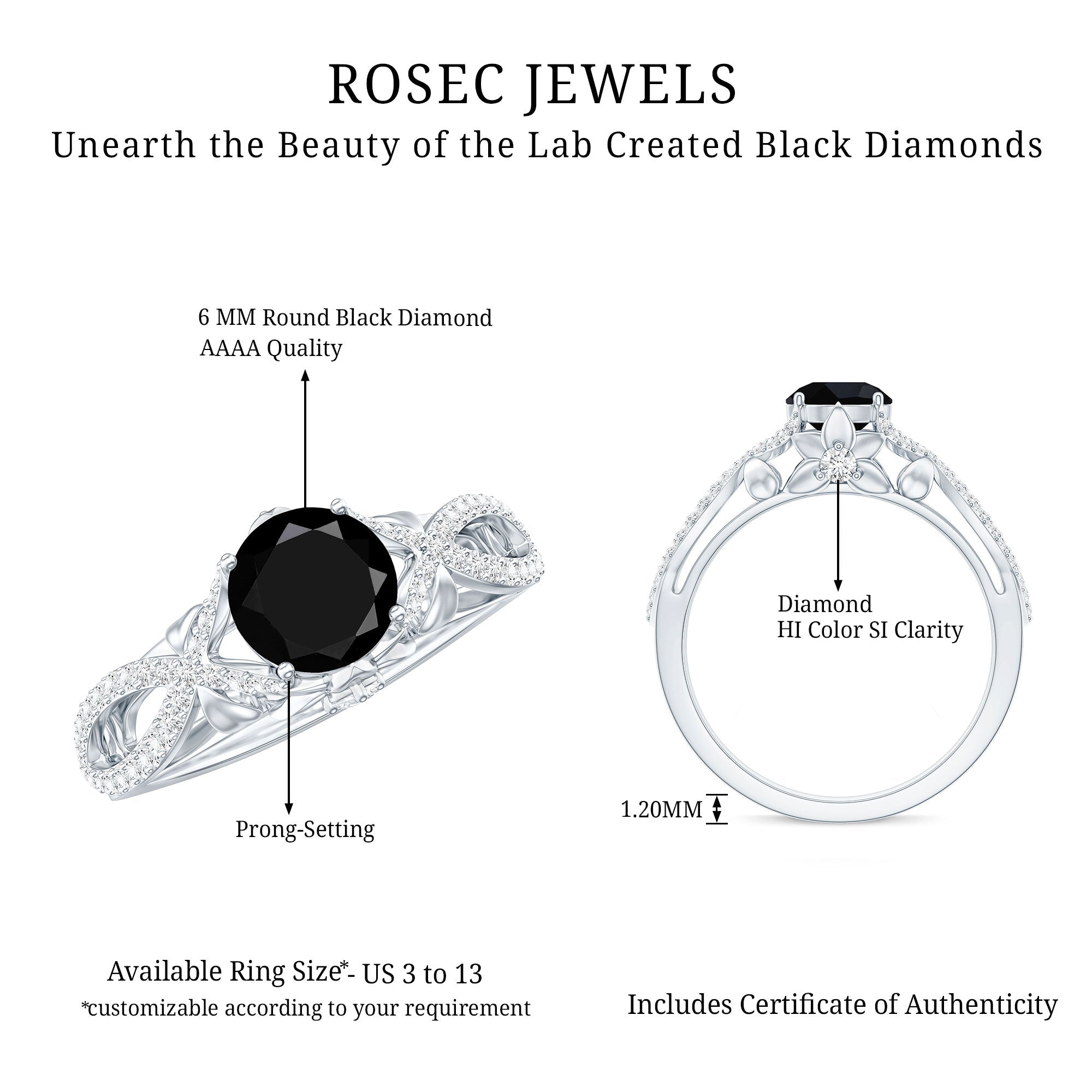 1.3 Carat Lab Grown Black and White Diamond Engagement Ring with Crossover Shank
