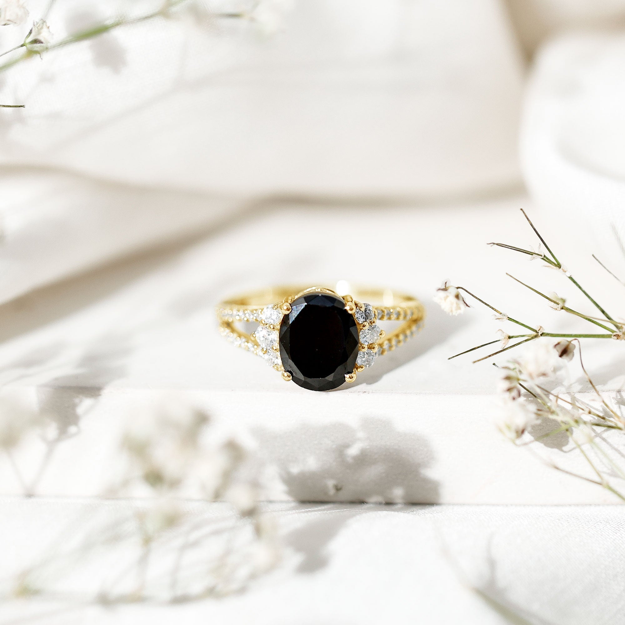 4.2 Carat Lab Grown Black Diamond Oval Engagement Ring with White Diamond Split Shank