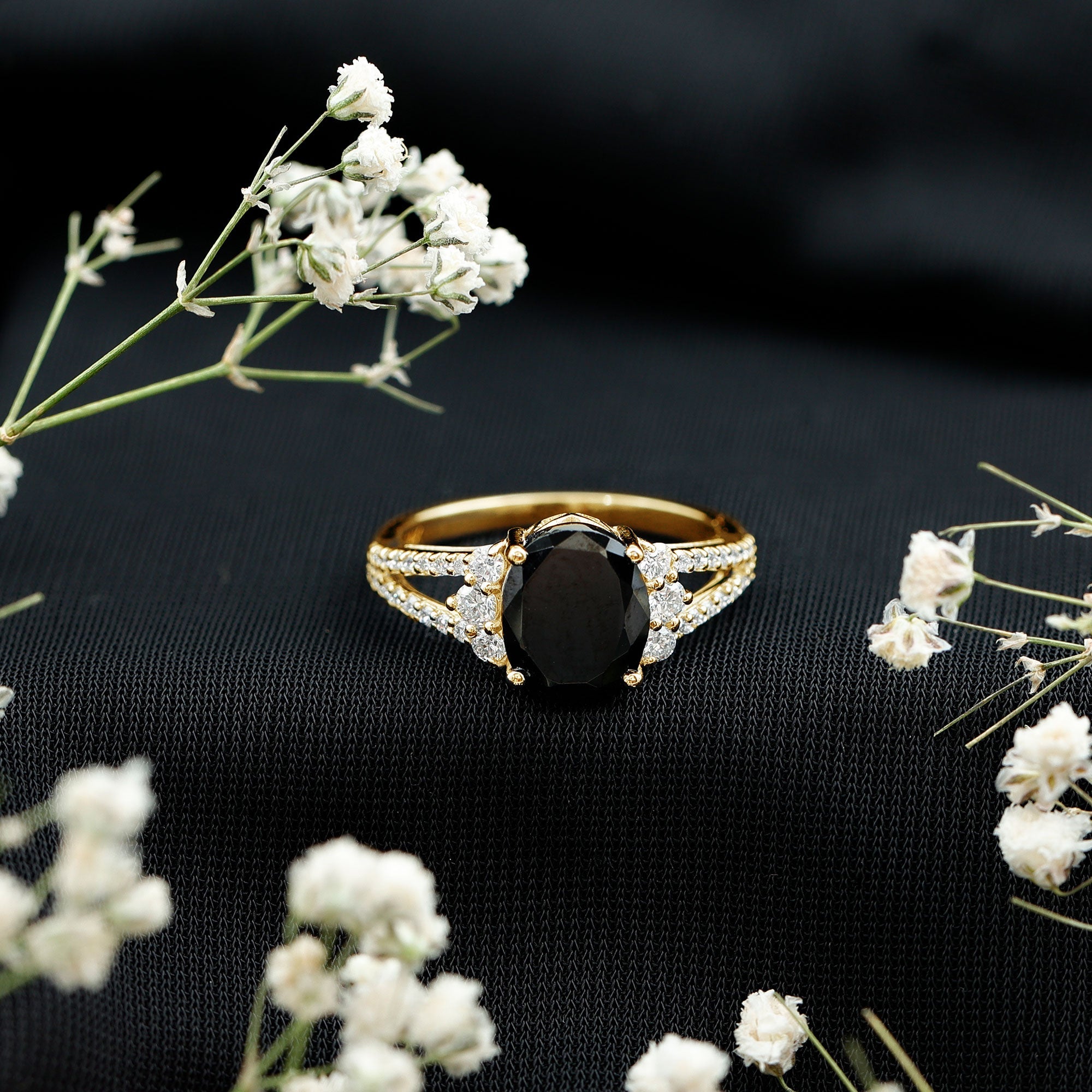 4.2 Carat Lab Grown Black Diamond Oval Engagement Ring with White Diamond Split Shank