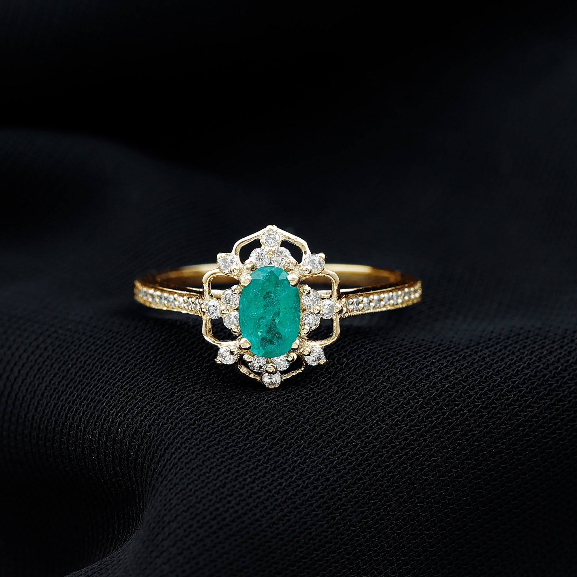 Vintage Style Emerald and Diamond Oval Engagement Ring