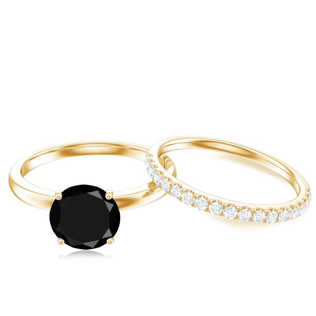 Natural 2 Carat Black Onyx Solitaire Engagement Rings with Diamond Enhancer