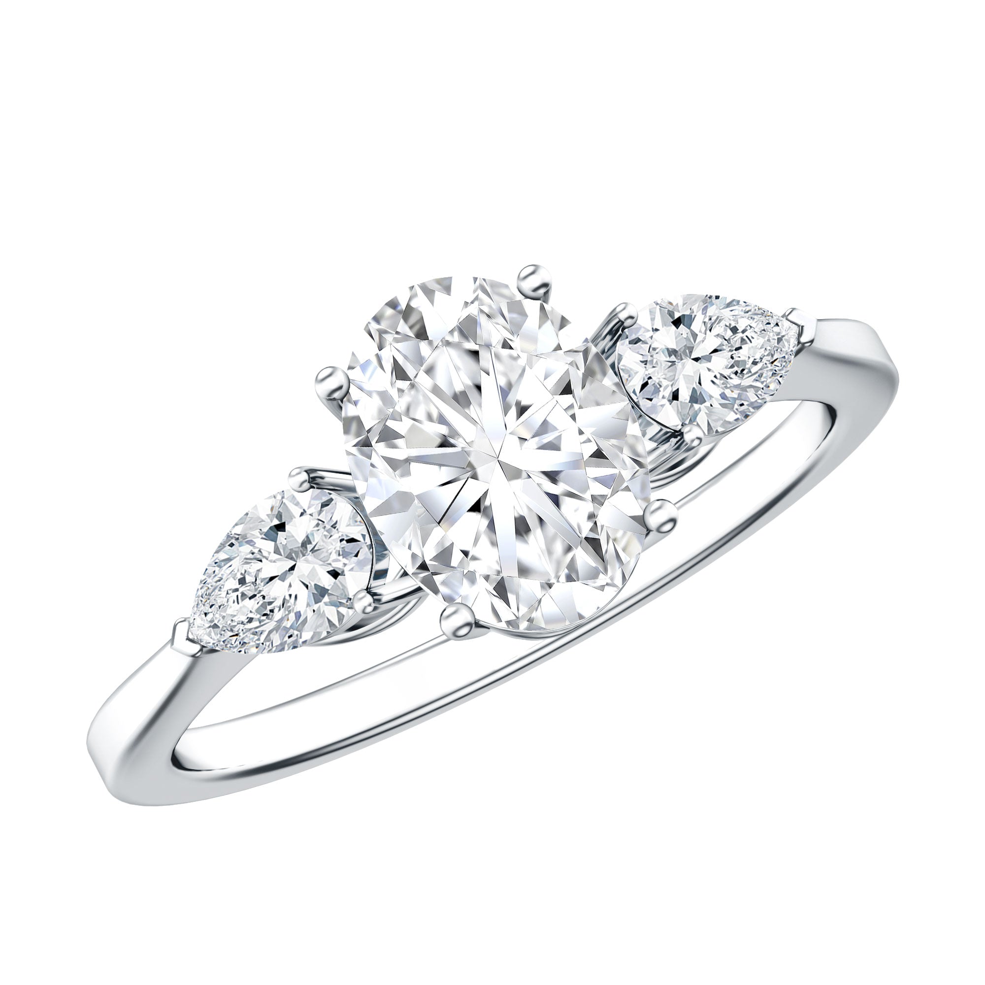 Oval and Pear Cut Moissanite Three Stone Engagement Ring