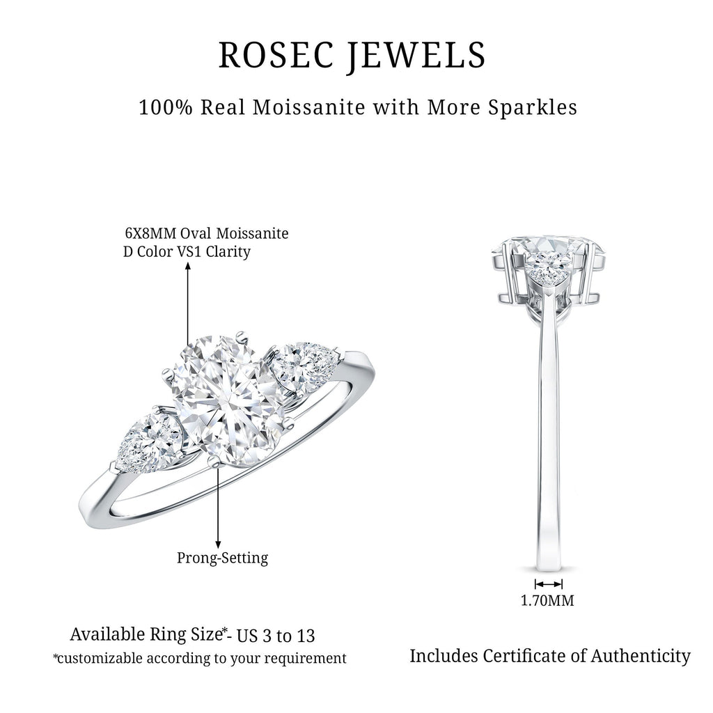Oval and Pear Cut Moissanite Three Stone Engagement Ring