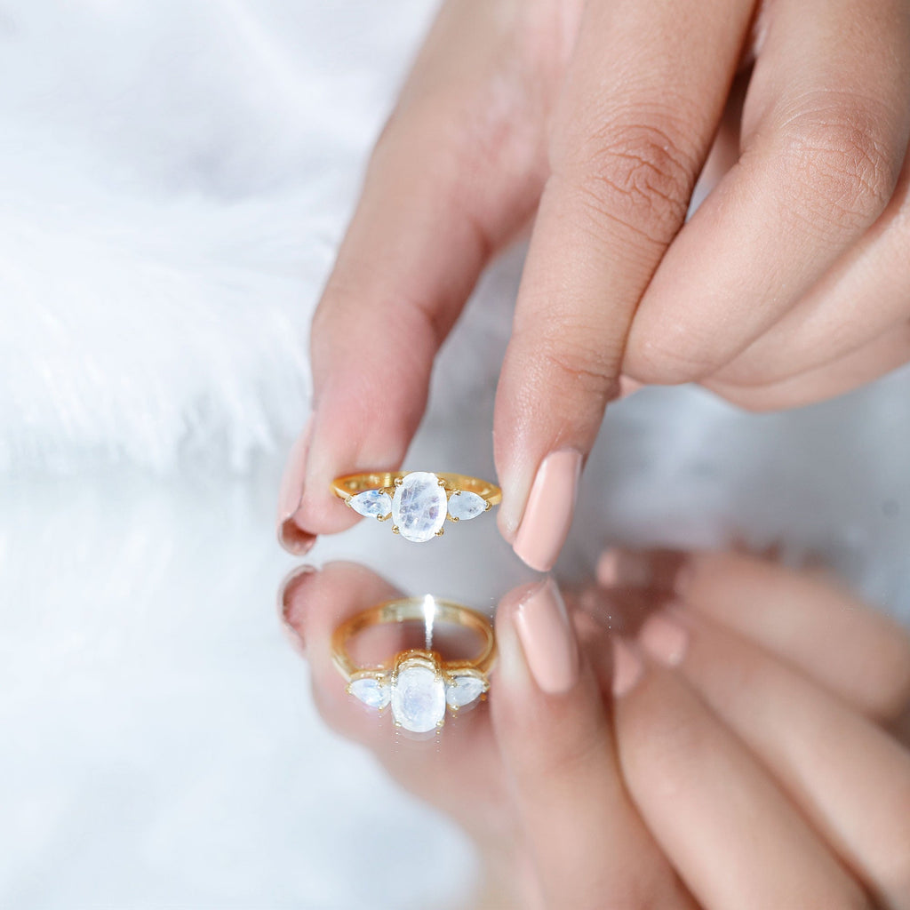 Natural Moonstone Three Stone Engagement Ring