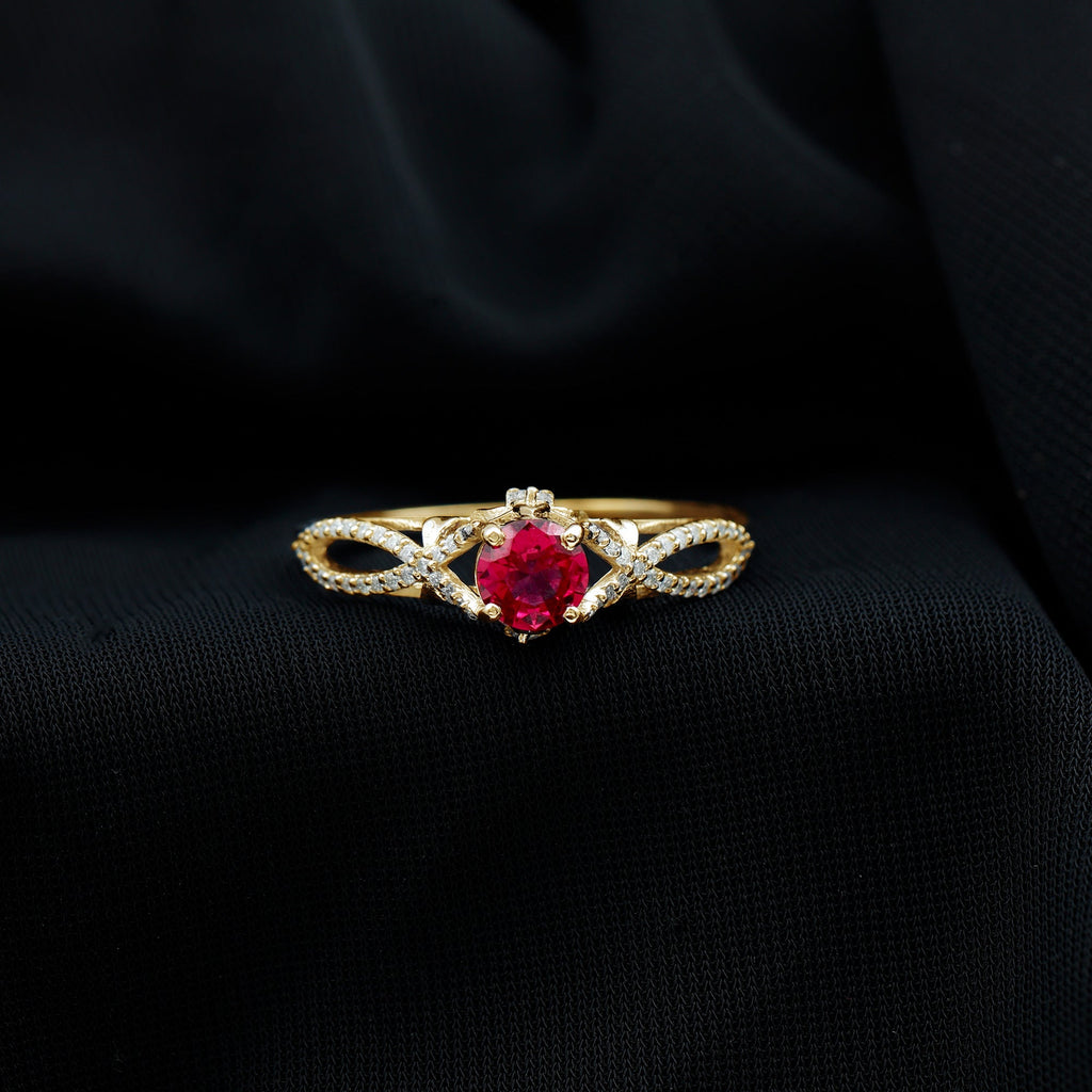 Classic Created Ruby and Diamond Crossover Engagement Ring with Diamond
