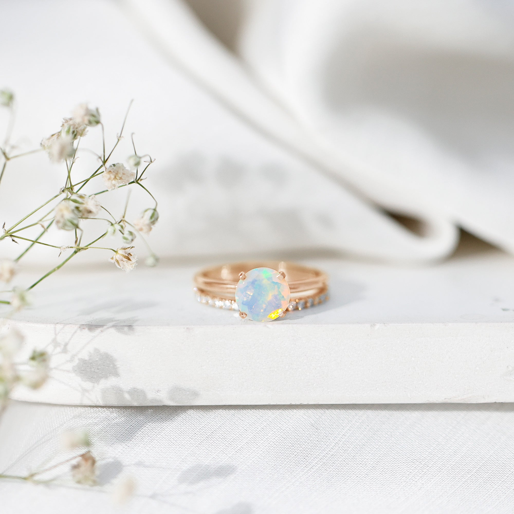 Natural 2 Carat Ethiopian Opal Diamond Solitaire Engagement Wedding Ring Set