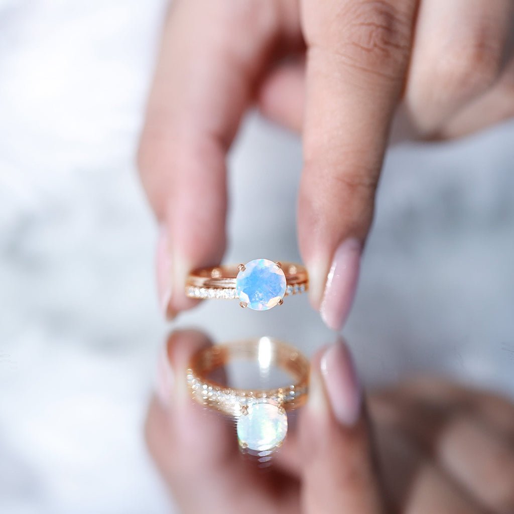 Natural 2 Carat Ethiopian Opal Diamond Solitaire Engagement Wedding Ring Set