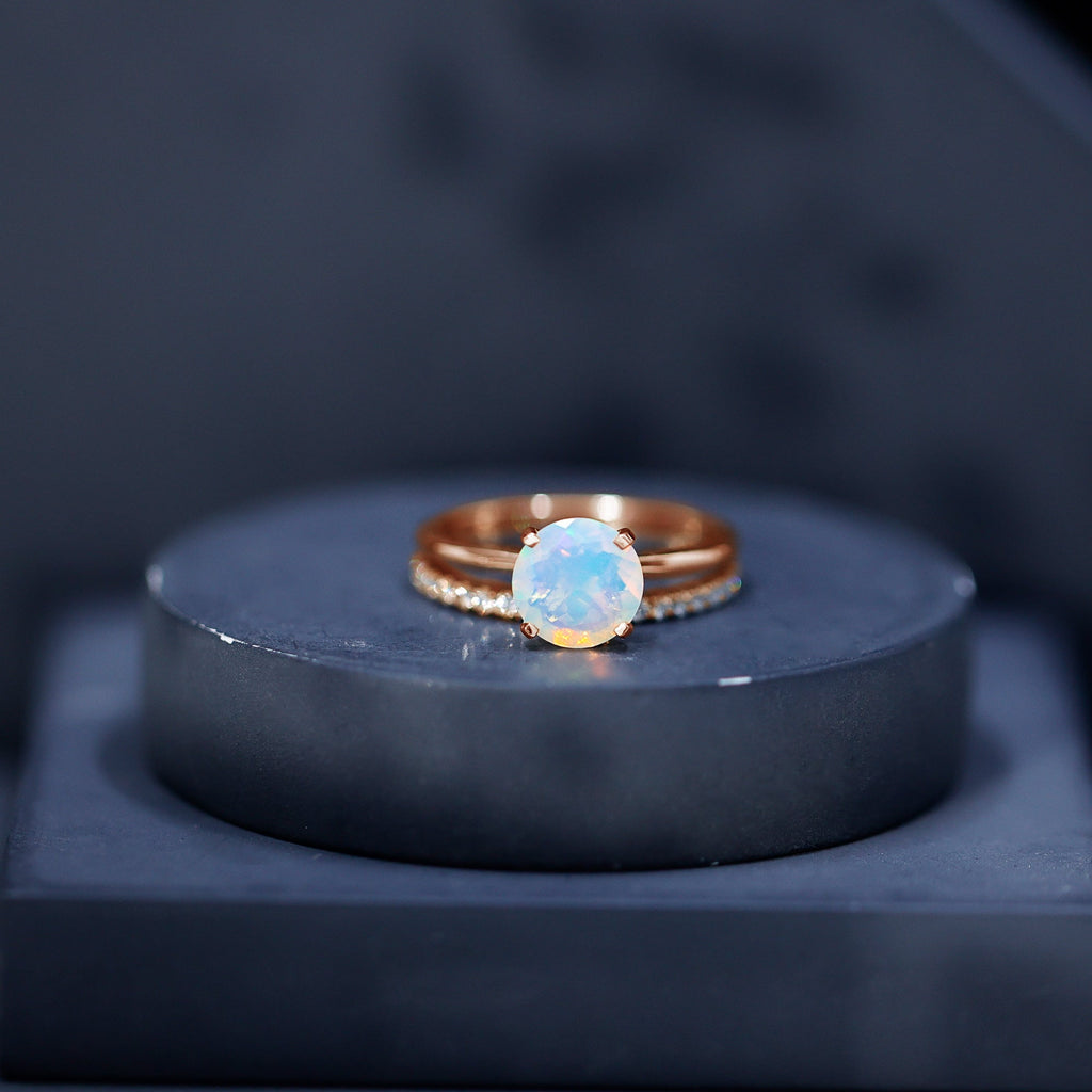 Natural 2 Carat Ethiopian Opal Diamond Solitaire Engagement Wedding Ring Set