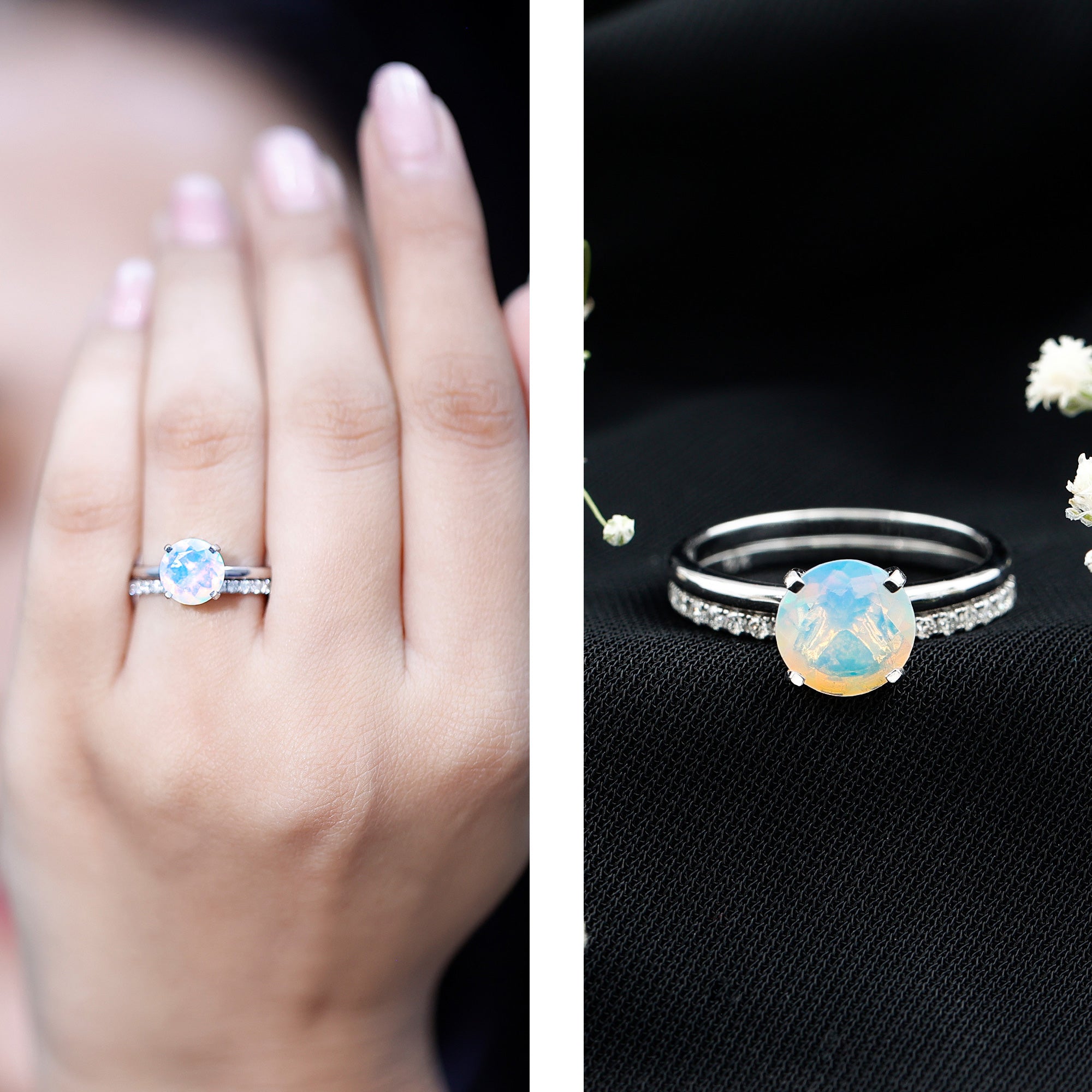 Natural 2 Carat Ethiopian Opal Diamond Solitaire Engagement Wedding Ring Set