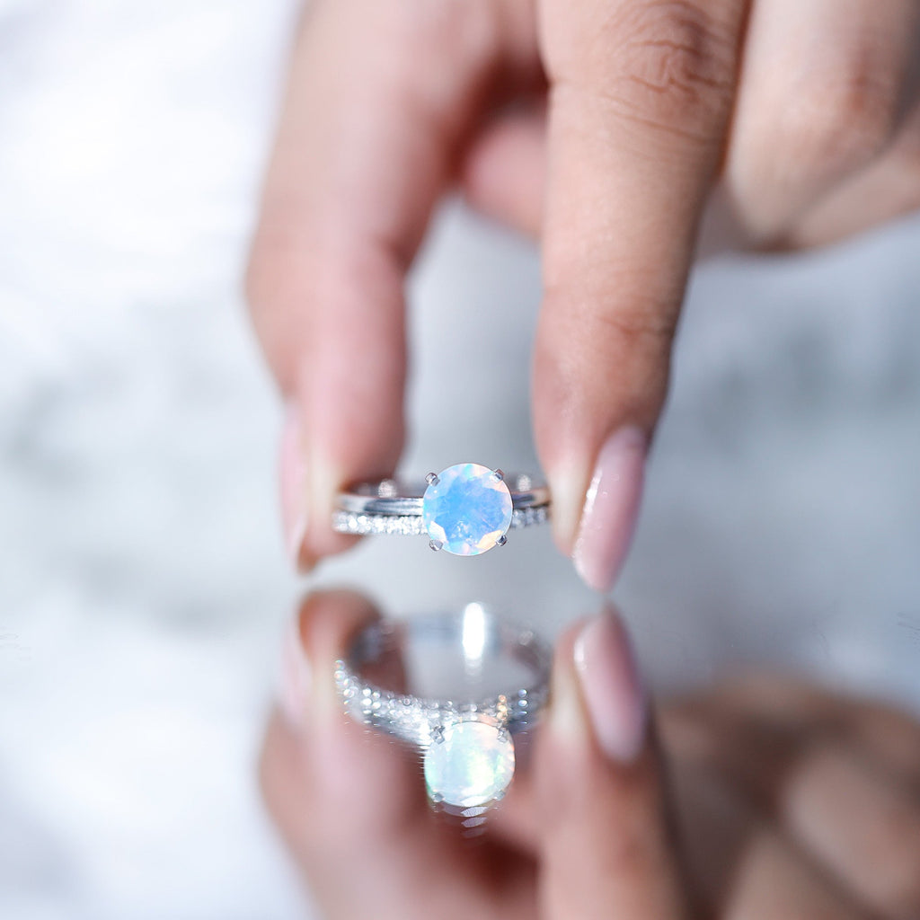 Natural 2 Carat Ethiopian Opal Diamond Solitaire Engagement Wedding Ring Set