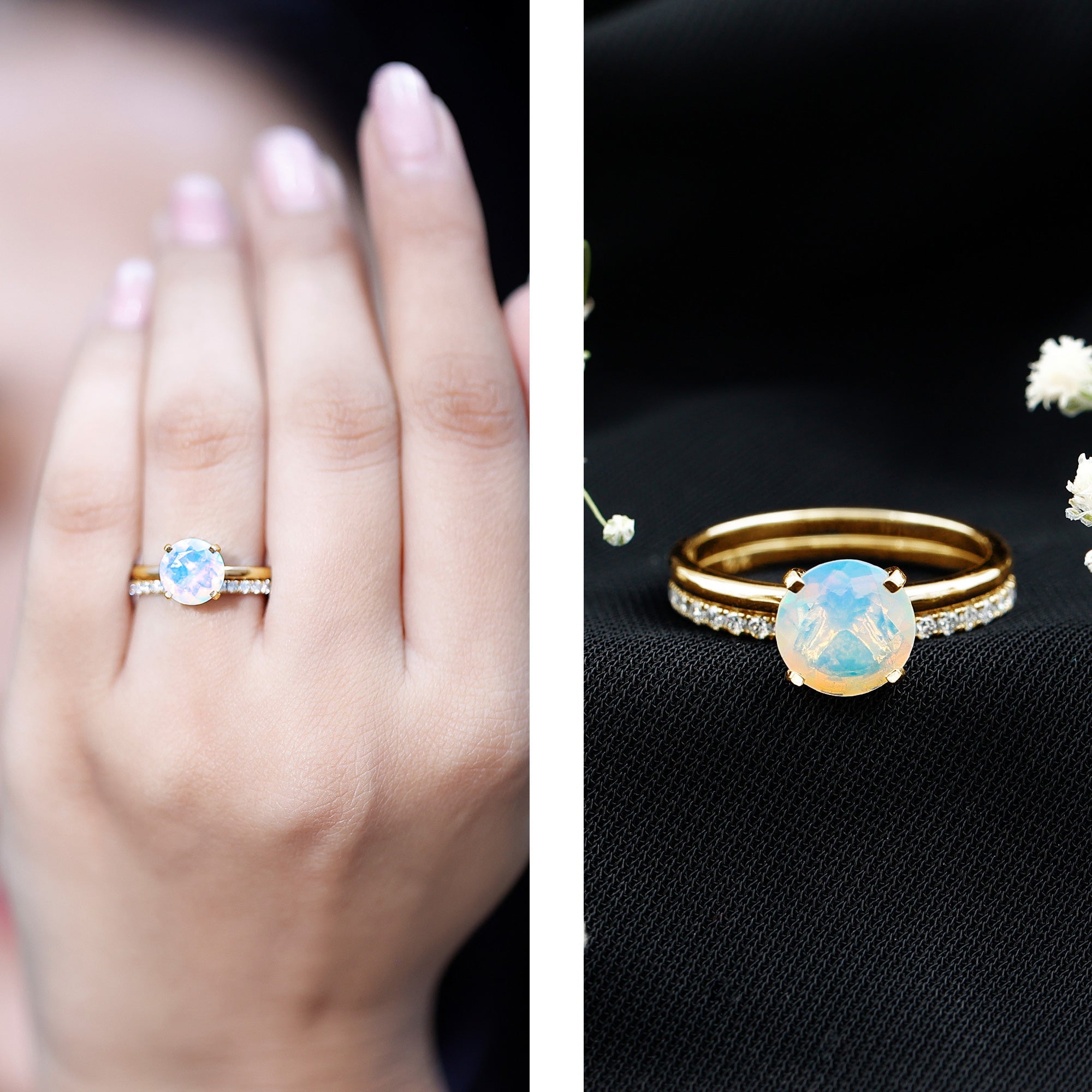 Natural 2 Carat Ethiopian Opal Diamond Solitaire Engagement Wedding Ring Set